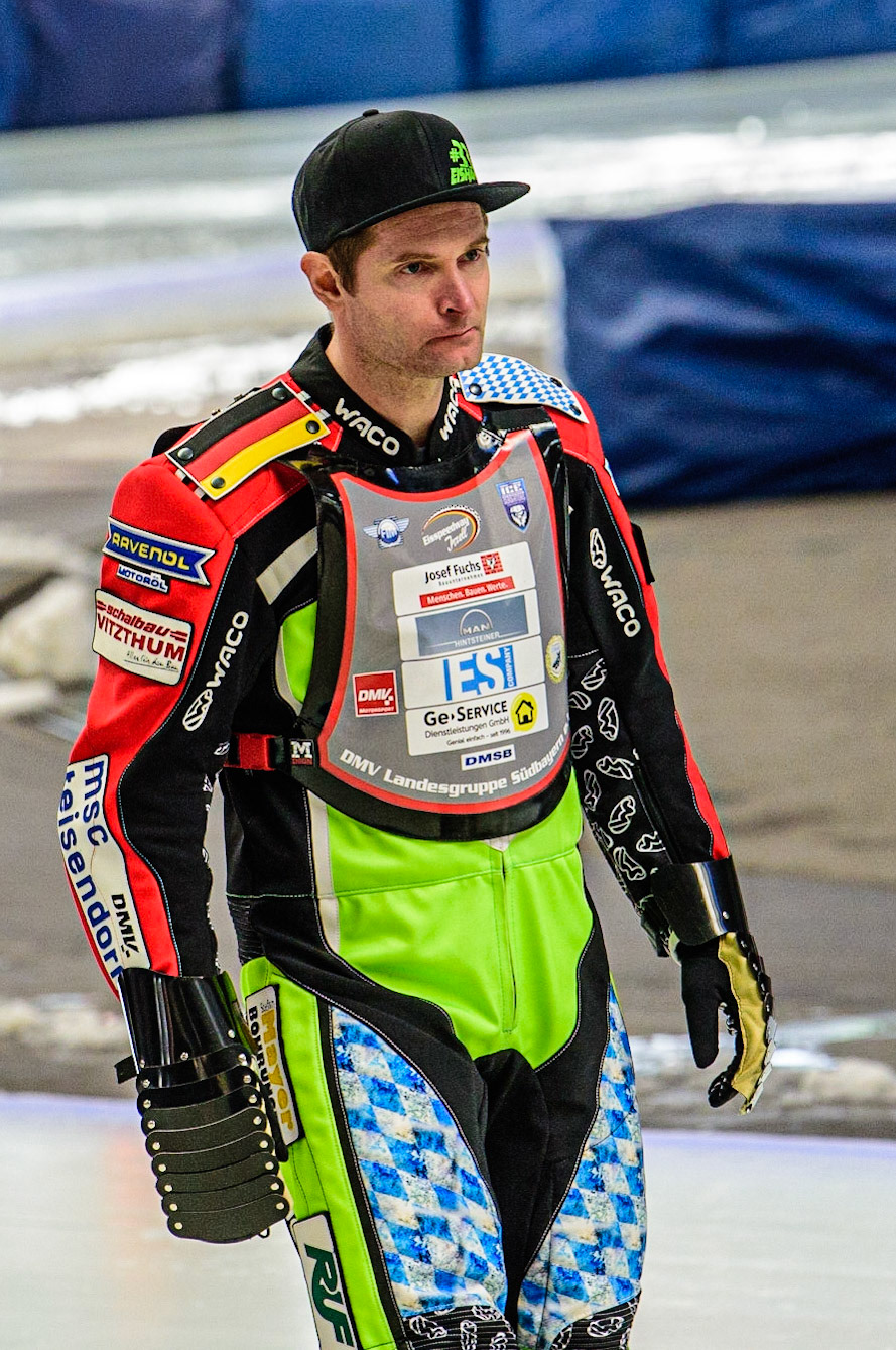 Johann Weber (16) on the pre meeting parade during the Ice Speedway Gladiators World Championship Final 1 at Max-Aicher-Arena, Inzell, Germany on Saturday 18th March 2023. (Photo: Ian Charles | MI News)