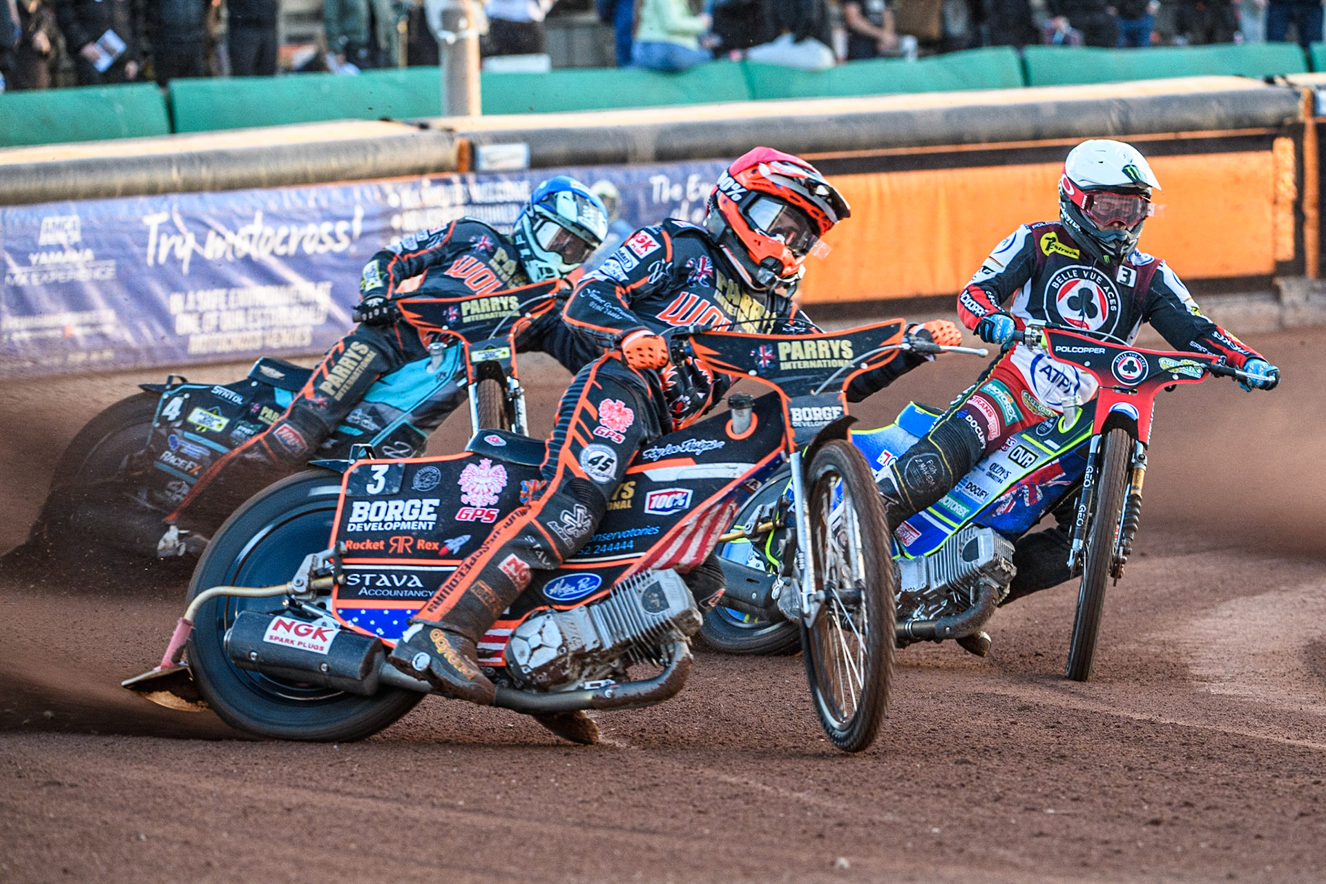 Luke Becker (Red) leads Jaimon Lidsey (White) and Ryan Douglas (Blue) during the Sports Insure Premiership match between Wolverhampton Wolves and Belle Vue Aces at Monmore Green Stadium, Wolverhampton on Monday 29th May 2023. (Photo: Ian Charles | MI News)