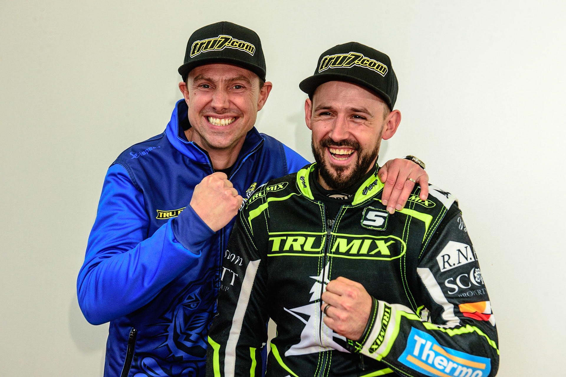 MANCHESTER, UK. APRIL 12TH: Simon Stead, Manager of Sheffield Tigers (left) with Danny King at the Discovery Networks Eurosport Speedway Season Launch at the National Speedway Stadium, Manchester on Tuesday 12th April 2022 (Credit: Ian Charles | MI News)