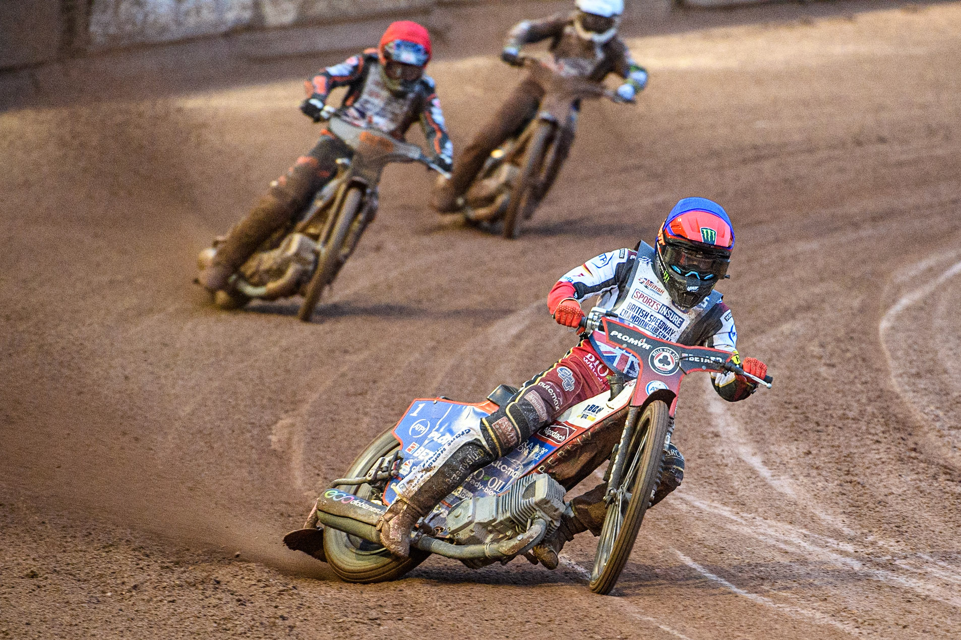 Dan Bewley (Blue) leads Steve Worrall (Red) during the Sports Insure British Speedway Final at the National Speedway Stadium, Manchester on Monday 14th August 2023. (Photo: Ian Charles | MI News)