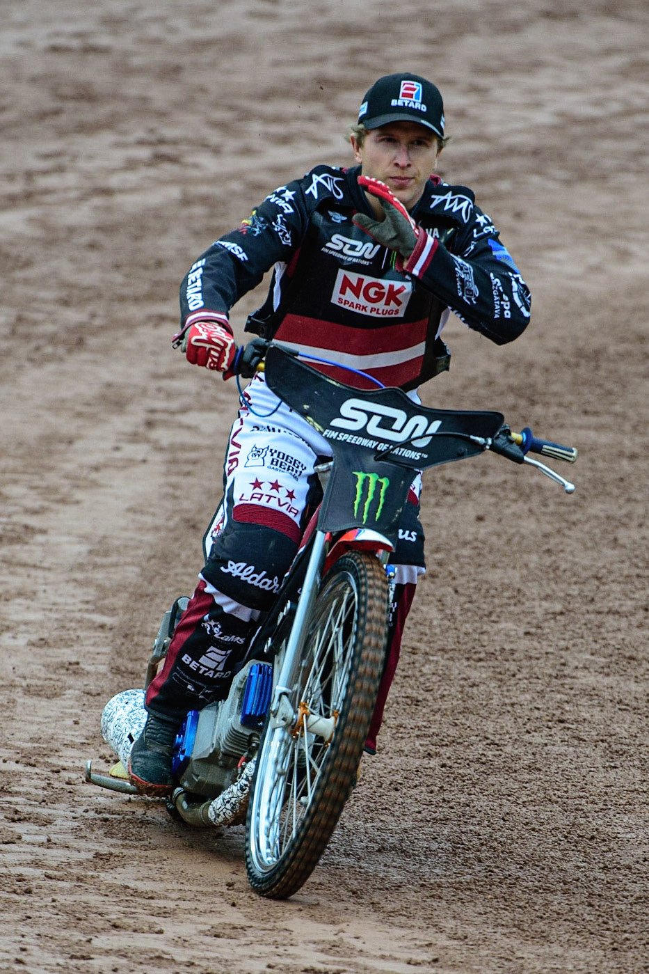 MANCHESTER, UK. OCT 17TH Andzejs Lebedevs of Latvia on the parade during the Monster Energy FIM Speedway of Nations at the National Speedway Stadium, Manchester on Sunday  17th October 2021. (Credit: Ian Charles | MI News)
