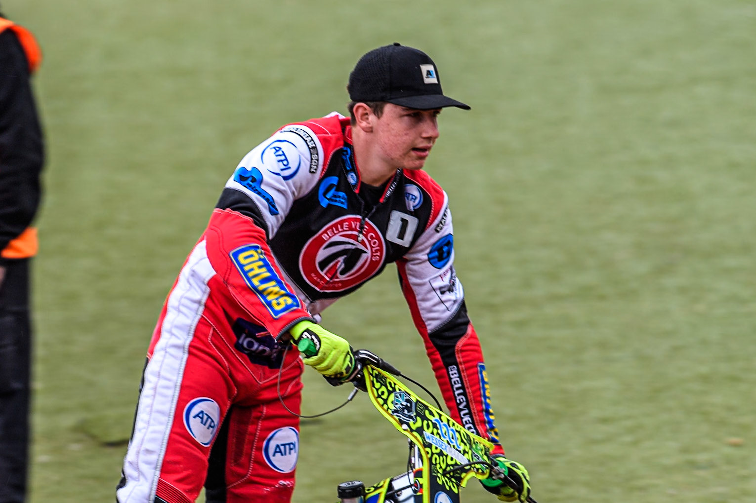 Belle Vue Colts' William Cairns on the parade lap during the WSRA National Development League match between Belle Vue Colts and Leicester Lion Cubs at the National Speedway Stadium, Manchester on Friday 18th   April 2025. (Photo: Ian Charles | MI News)