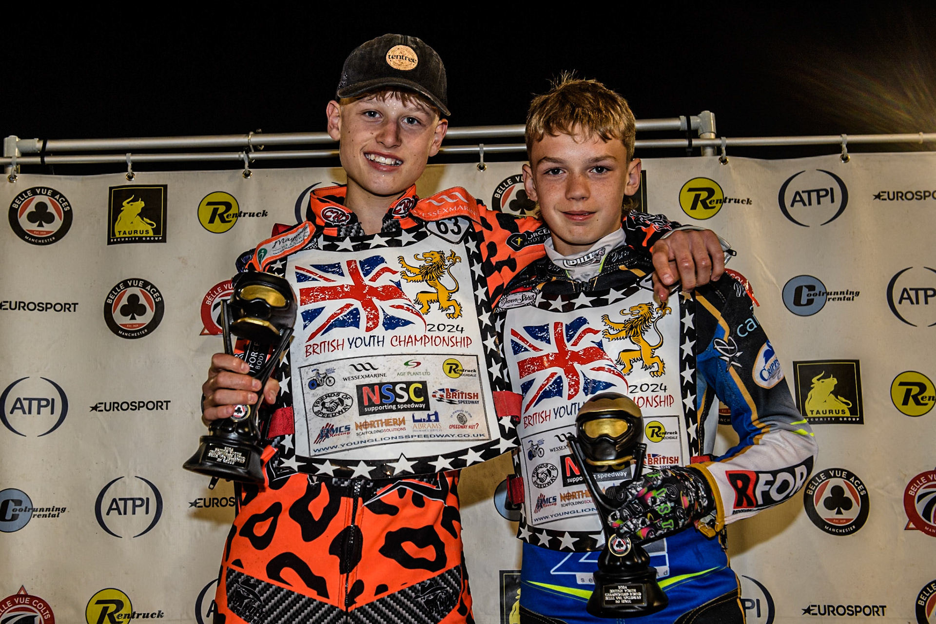 Cooper Rushen (250cc winner) (Left) and Oliver Bovingdon (125cc Winner) during the British Youth 250cc Championships at the National Speedway Stadium, Manchester on Friday 30th August 2024. (Photo: Ian Charles | MI News)