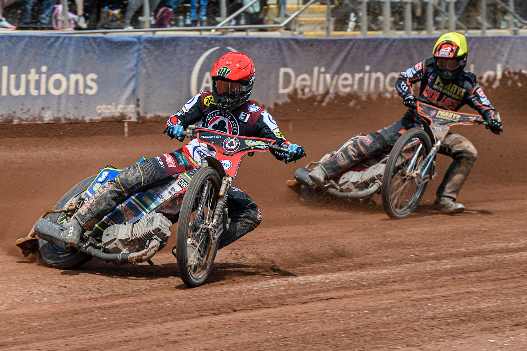 Jaimon Lidsey (Red) leads Zach Cook (Yellow) during the Sports Insure Premiership match between Belle Vue Aces and Wolverhampton Wolves at the National Speedway Stadium, Manchester on Monday 29th May 2023. (Photo: Ian Charles | MI News)