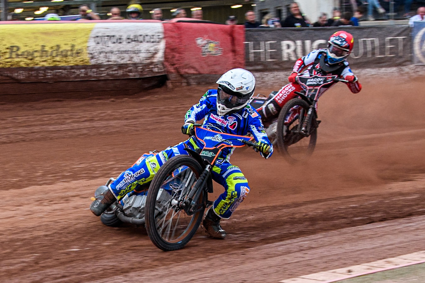 Oxford Chargers' Luke Killeen  in White leading Belle Vue Colts' Sam Hagon  in Red during the WSRA National Development League match between Belle Vue Colts and Oxford Chargers at the National Speedway Stadium, Manchester on Friday 2nd August 2024. (Photo: Ian Charles | MI News)