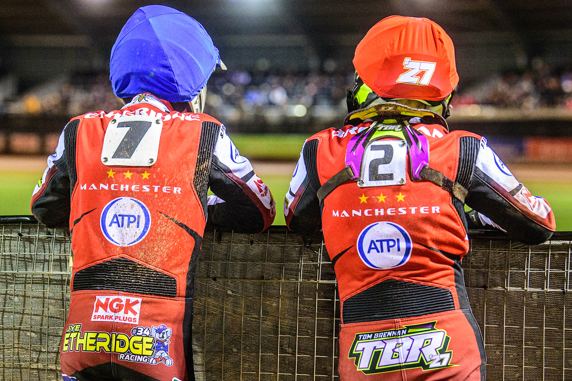Jye Etheridge  (left) and Tom Brennan  watch the track prep during the SGB Premiership Semi Final 2nd Leg between Belle Vue Aces and Ipswich Witches at the National Speedway Stadium, Manchester on Monday 3rd October 2022. (Credit: Ian Charles | MI News)