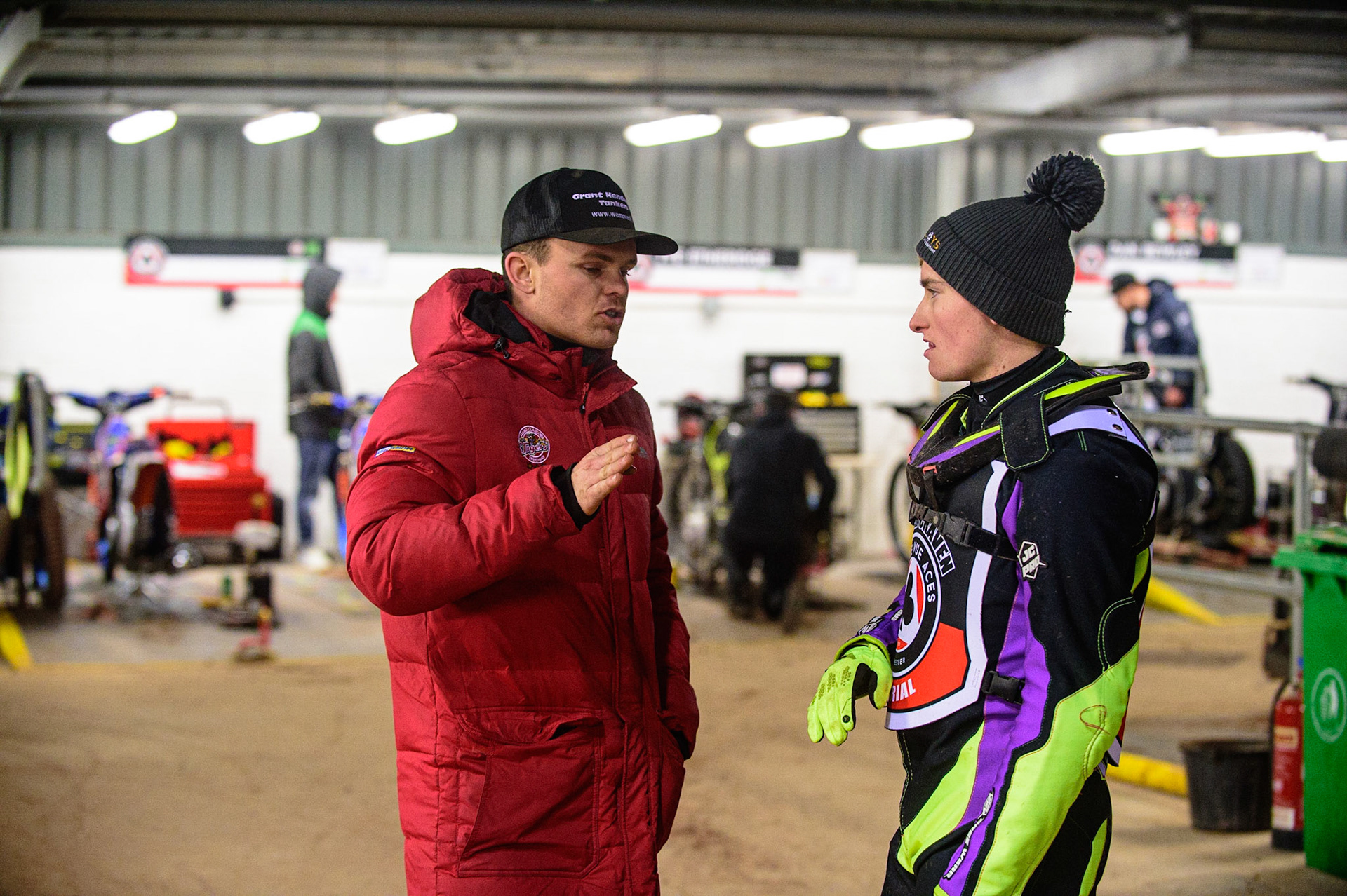 MANCHESTER, UK. OCT 23RD  Broc Nicol  (left) chats with Tom Brennan  during the Peter Craven Memorial Trophy event at the National Speedway Stadium, Manchester on Saturday 23rd October 2021. (Credit: Ian Charles | MI News)