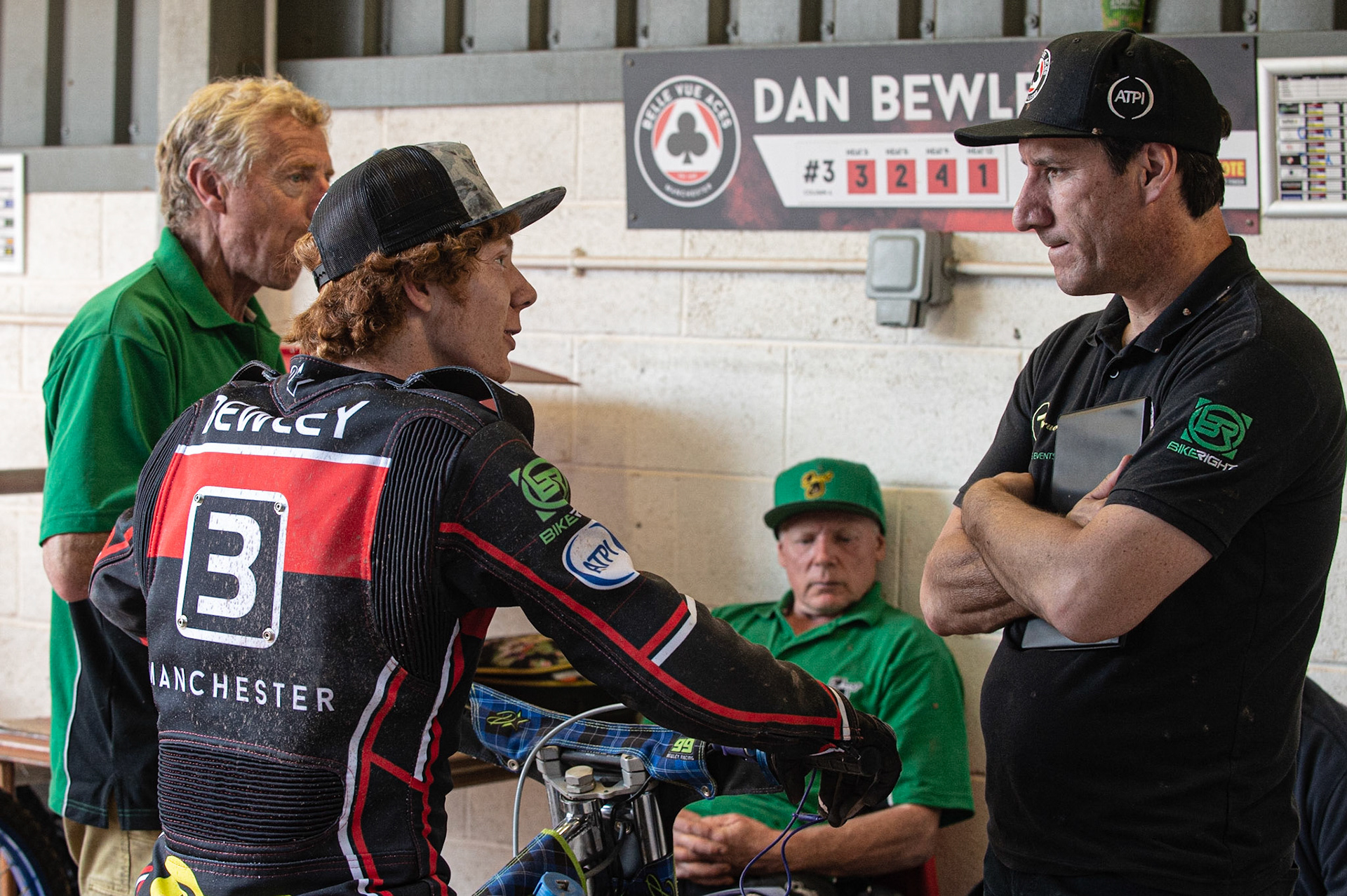 Photo: Ian Charles

Dan Bewley  (left) chats with Mark Lemon

Belle Vue Aces v Kings Lynn Stars, British Speedway Premiership, Belle Vue National Speedway Stadium, Manchester, Monday 26  August  2019
