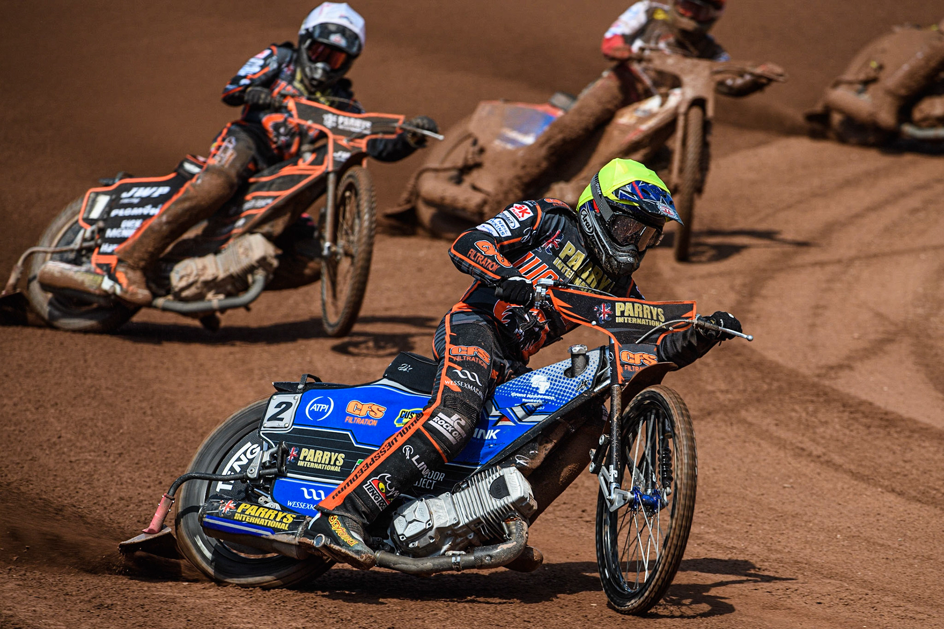 Steve Worrall (Yellow) leads Sam Masters (White)  during the Sports Inure Premiership match between Belle Vue Aces and Wolverhampton Wolves at the National Speedway Stadium, Manchester on Monday 29th May 2023. (Photo: Ian Charles | MI News)