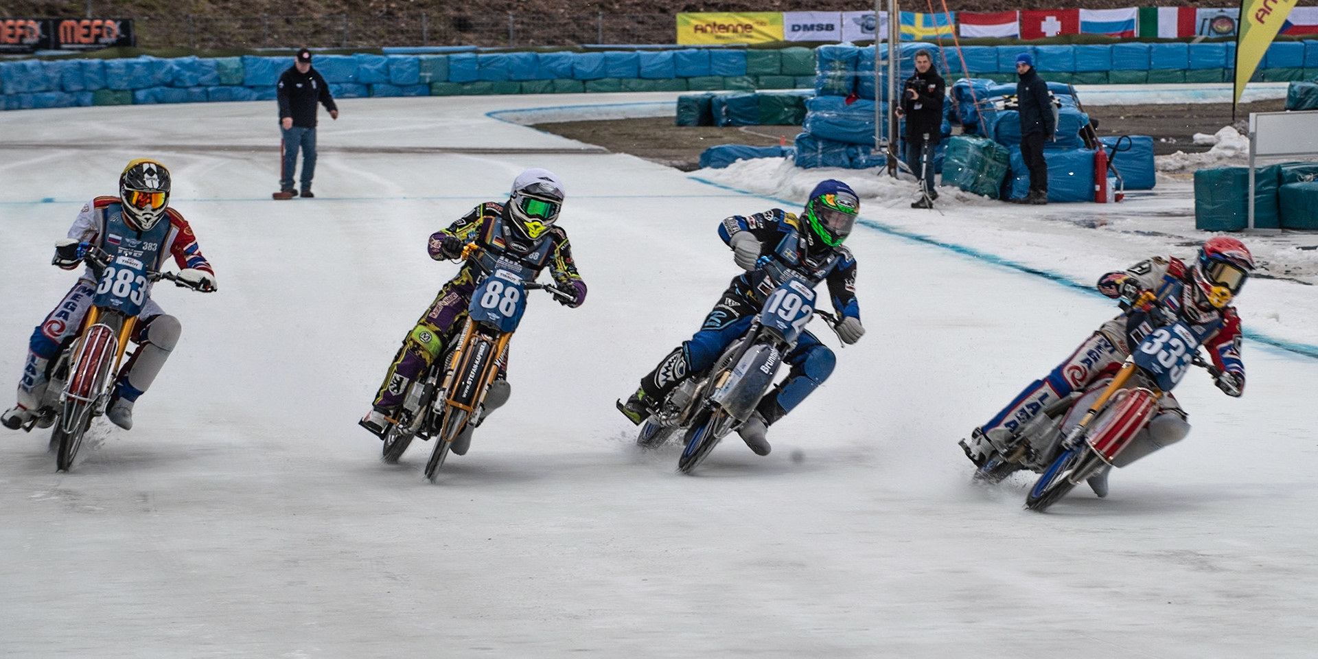 Photo: Ian Charles

(l-r) Nikita Toloknov (383), Max Niedermaier (88), Niclas Svensson (192) and Danil Ivanov (333) head for the first turn

FIM Ice Speedway Gladiators World Championship, Final 3.1, Horst-Dohm Eisstadion, Berlin, Germany Saturday  2  March  2019