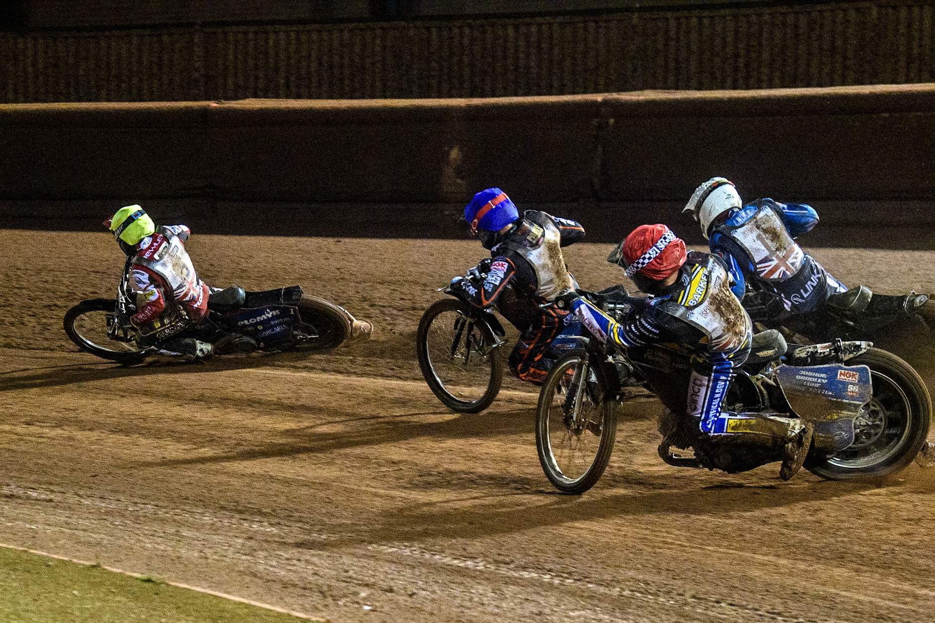 Ben Barker (Red) chases Richard Lawson (White) Steve Worrall (Blue) and Dan Bewley (Yellow) during the Sports Insure British Speedway Final at the National Speedway Stadium, Manchester on Monday 14th August 2023. (Photo: Ian Charles | MI News)