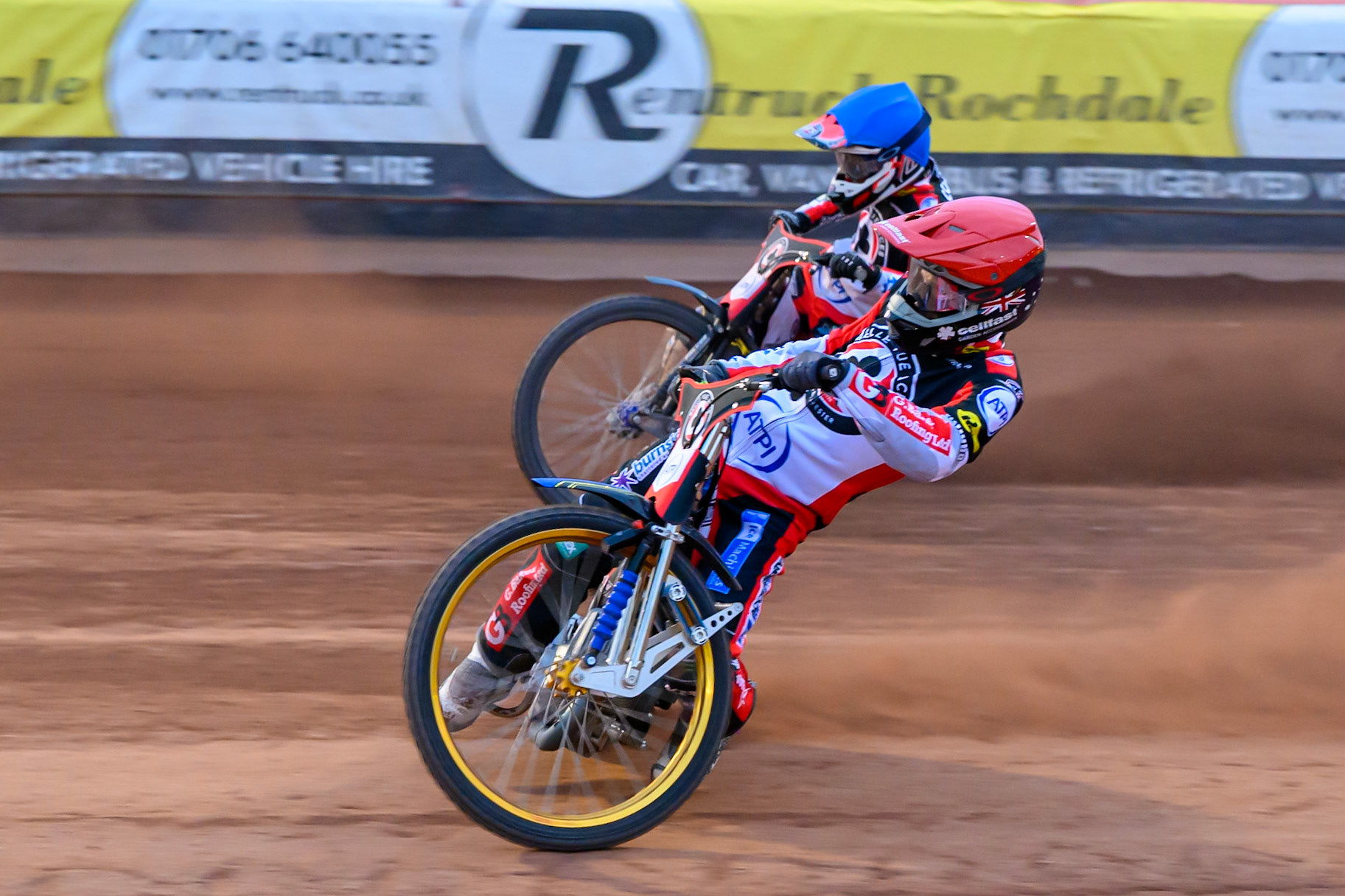 Jason Doyle of Belle Vue Aces in Red rides inside Zach Cook of Belle Vue Aces in Blue during the Rowe Motor Oil Premiership match between Belle Vue Aces and King's Lynn Stars at the National Speedway Stadium, Manchester on Monday 29th June 2026. (Photo: Ian Charles | MI News)