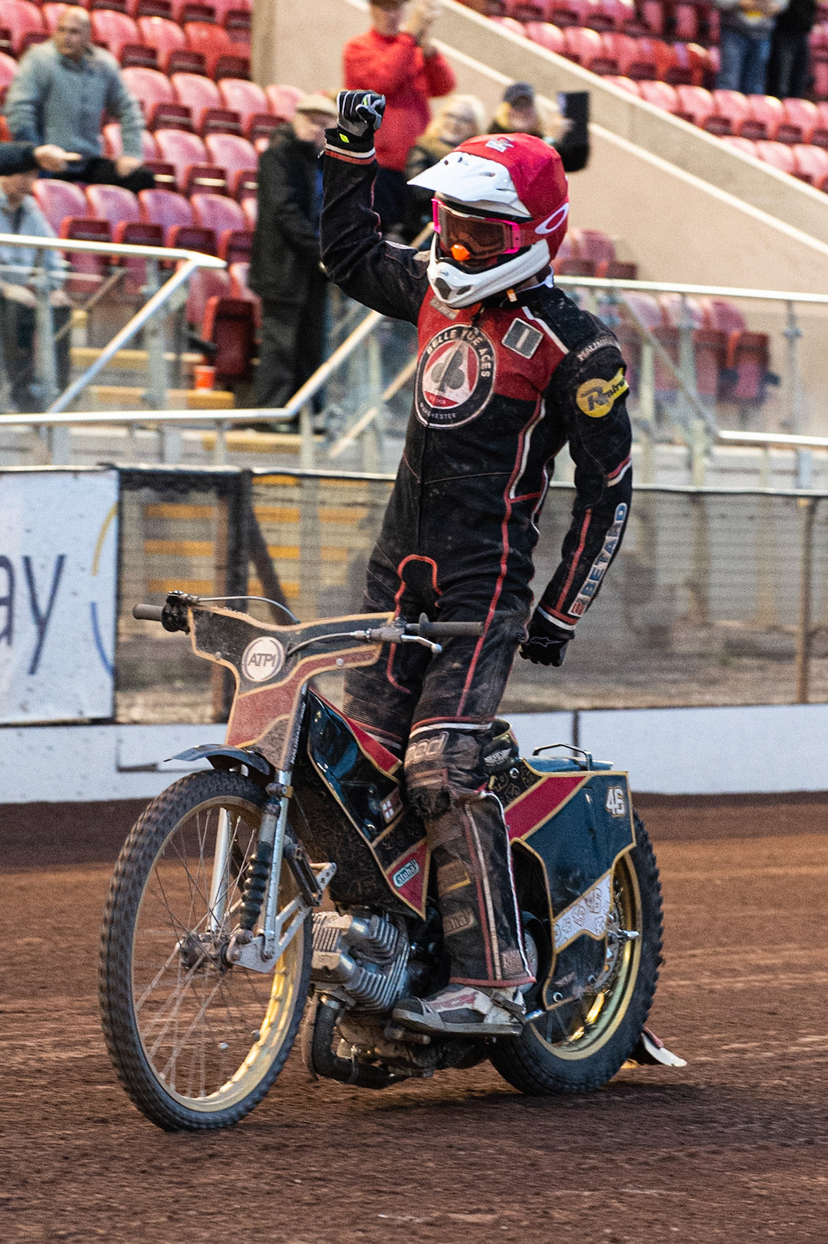 Photo: Ian Charles

Max Fricke  celebrates 

Belle Vue Aces v Ipswich Witches, British Speedway Premiership, Belle Vue National Speedway Stadium, Manchester, Monday 3  June  2019