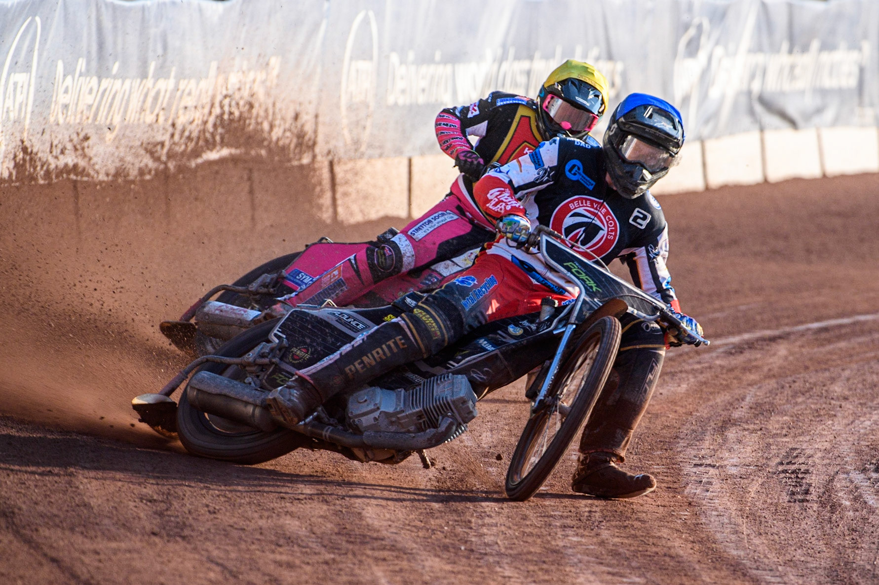 Matt Marson (Blue) leads Sam Woolley (Yellow) during the National Development League match between Belle Vue Colts and Kent Royals at the National Speedway Stadium, Manchester on Friday 7th July 2023. (Photo: Ian Charles | MI News)
