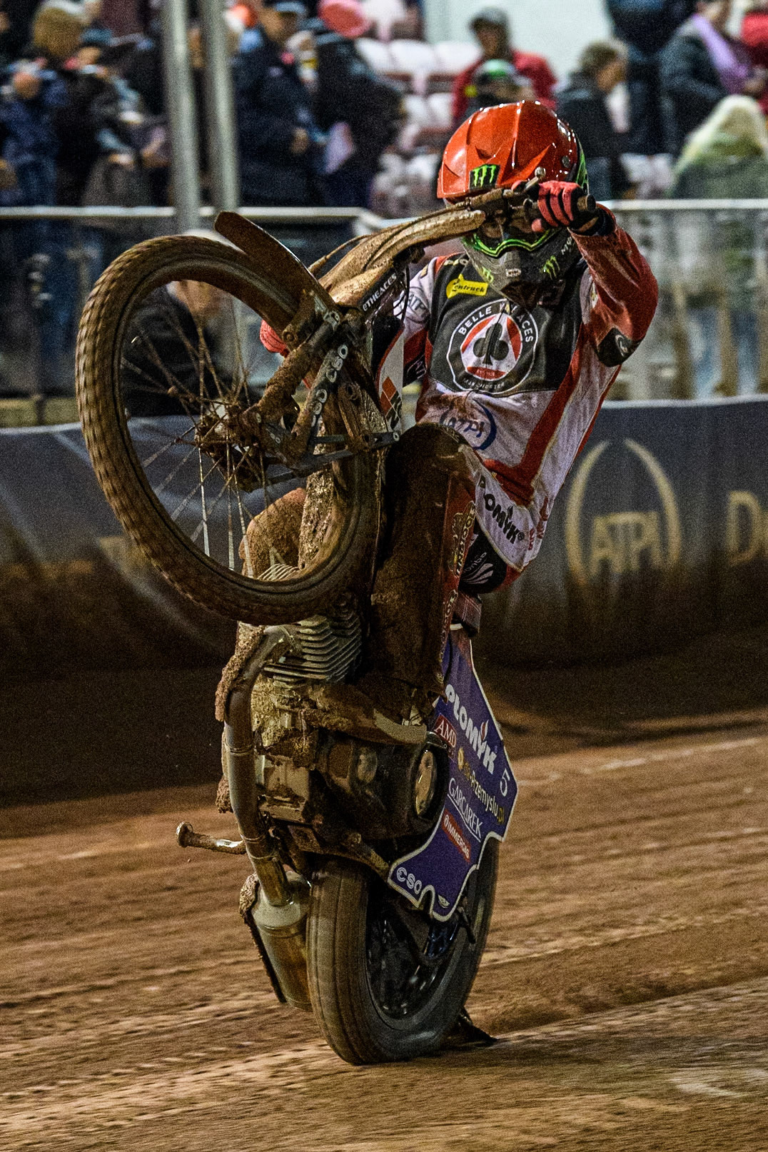 Belle Vue Aces' Dan Bewley celebrates with a wheelie during the Rowe Motor Oil Premiership match between Belle Vue Aces and Ipswich Witches at the National Speedway Stadium, Manchester on Monday 22nd April 2024. (Photo: Ian Charles | MI News)