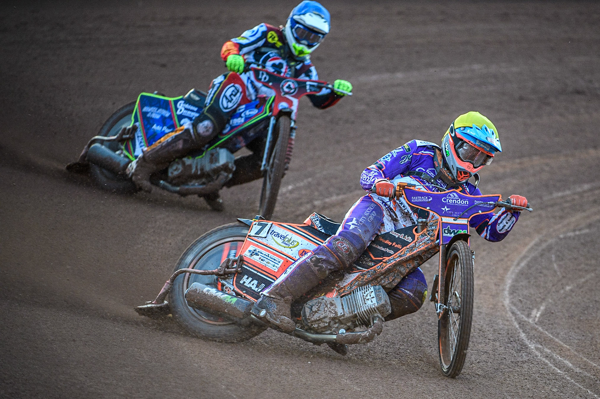 Jordan Jenkins  (Yellow) leads Jake Mulford  (Blue) during the SGB Premiership match between Belle Vue Aces and Peterborough at the National Speedway Stadium, Manchester on Monday 24th April 2023. (Photo: Ian Charles | MI News)