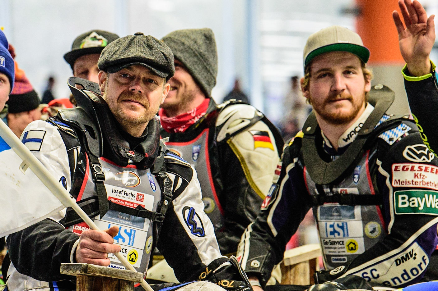 Mats Järf (left) and Benedikt Monn  on the pre-meeting parade during the Ice Speedway Gladiators World Championship Final 2 at Max-Aicher-Arena, Inzell, Germany on Sunday 19th March 2023. (Photo: Ian Charles | MI News)