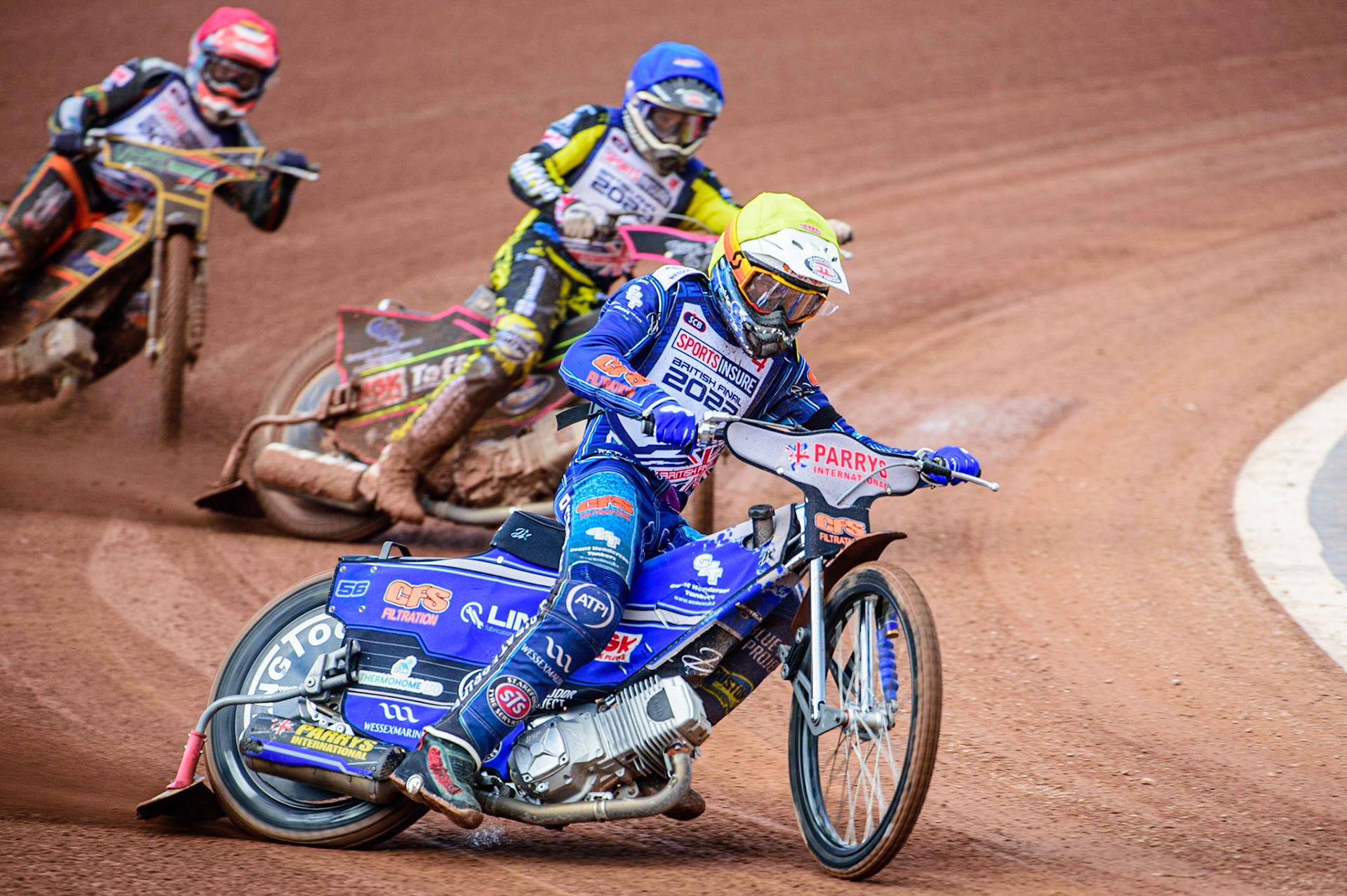 Steve Worrall (Yellow) leads Leon Flint  (Blue), and Connor Mountain  (Red) during the Sports Insure British Speedway Final, at the National Speedway Stadium, Manchester, on Sunday 18th September 2022. (Credit: Ian Charles | MI News )
