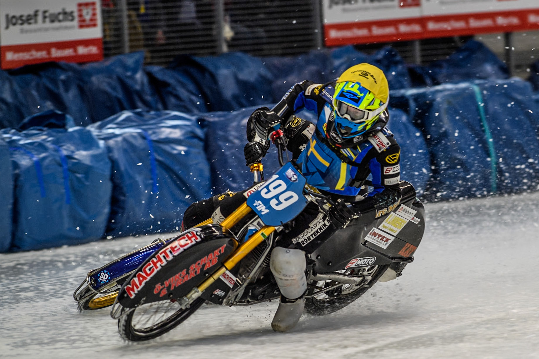 Sweden's Martin Haarahiltunen (199)  gets into difficulty and manages to correct it during the FIM Ice Speedway Gladiators World Championship Final 2 at the Max-Aicher-Arena, Inzell on Sunday 24 March 2024. (Photo: Ian Charles | MI News)