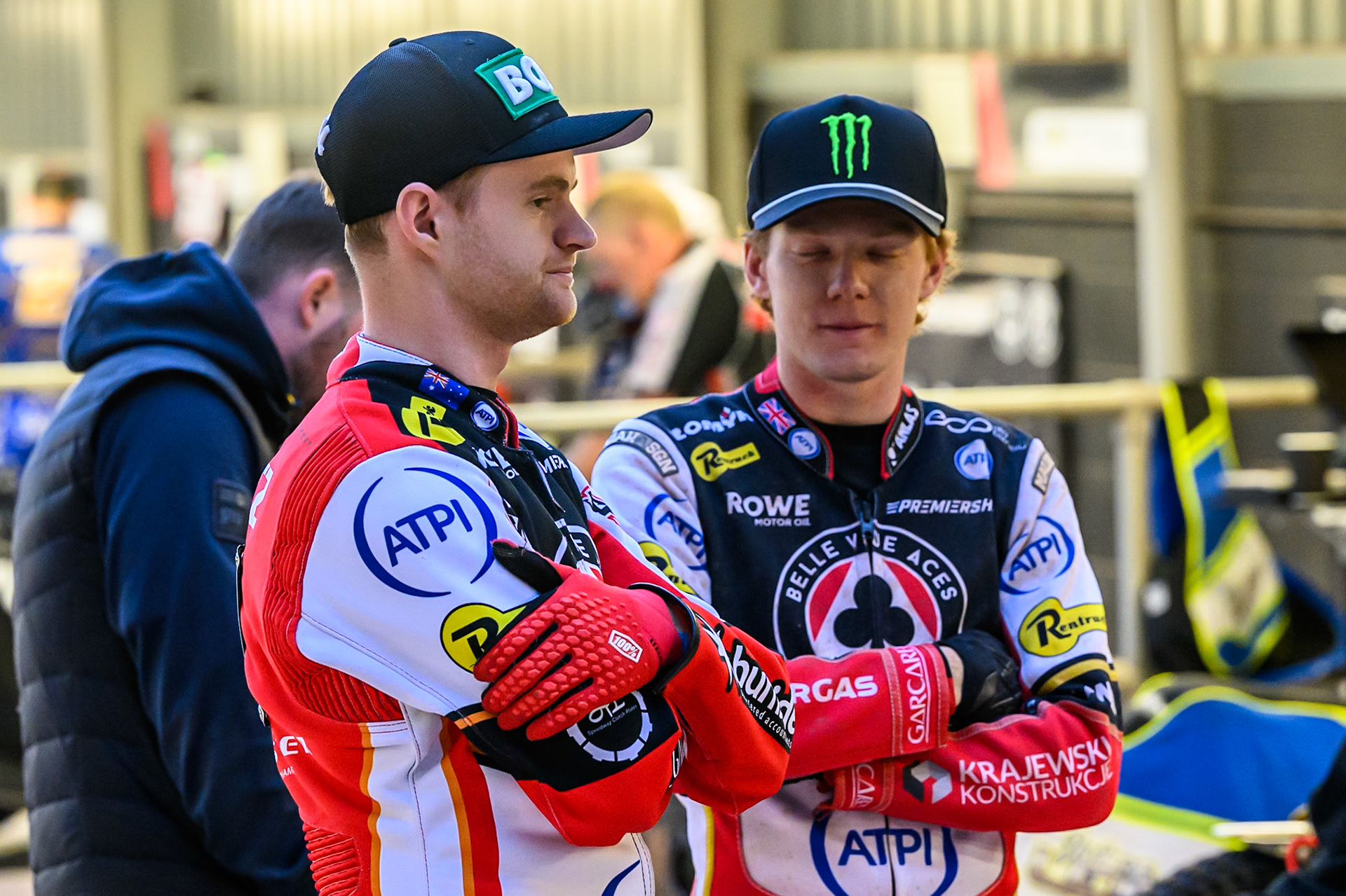 Belle Vue Aces' Brady Kurtz (Left) with Belle Vue Aces' Dan Bewley during the Rowe Motor Oil Premiership match between Belle Vue Aces and King's Lynn Stars at the National Speedway Stadium, Manchester on Monday 23rd June 2025. (Photo: Ian Charles | MI News)