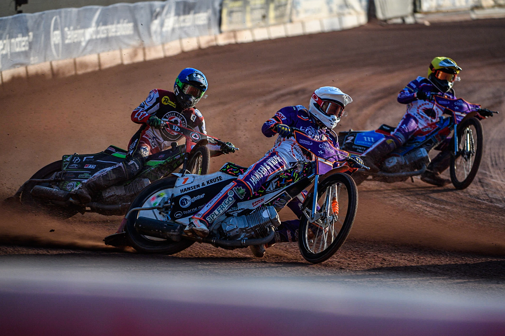 Niels-Kristian Iversen  (White) leads Charles Wright (Blue) and Ben Cook (Yellow) during the Sports Insure Premiership match between Belle Vue Aces and Peterborough at the National Speedway Stadium, Manchester on Monday 19th June 2023. (Photo: Ian Charles | MI News)