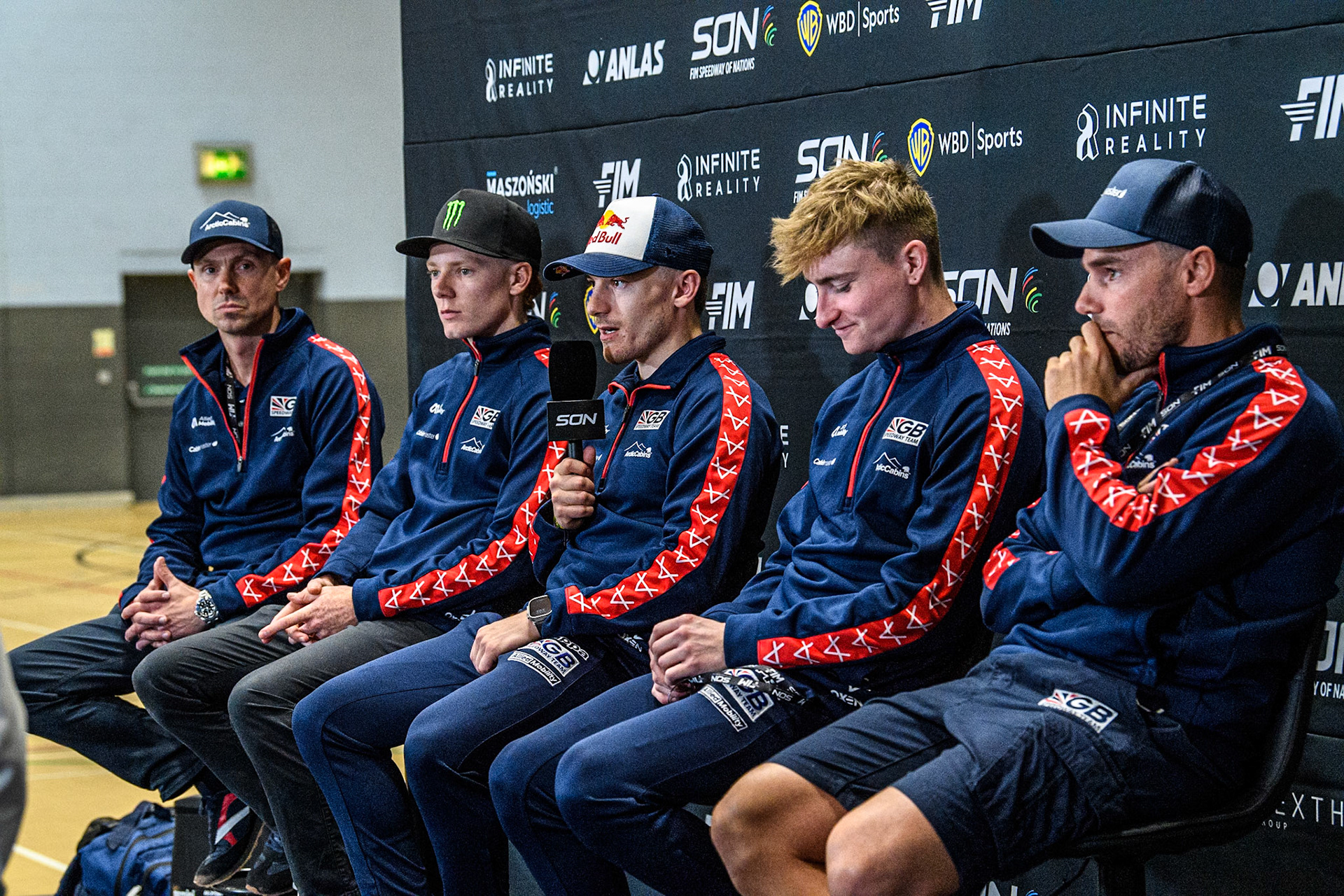 The Great Britain team Press Conference in the Media Centre: (L to R) Simon Stead (Joint Team Manager), Dan Bewley, Robert Lambert (Team Captain), Tom Brennan, Ollie Allen (Joint Team Manager) during the Monster Energy FIM Speedway of Nation Semi Final 2 at the National Speedway Stadium, Manchester on Wednesday 10th July 2024. (Photo: Ian Charles | MI News)