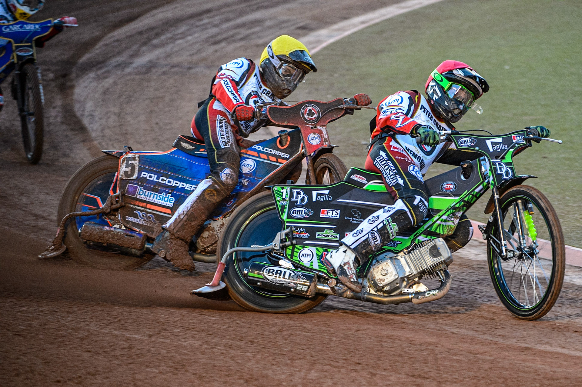 Charles Wright  (Red) outside Brady Kurtz  (Yellow) during the Peter Craven Memorial Trophy  at the National Speedway Stadium, Manchester on Monday 3rd April 2023. (Photo: Ian Charles | MI News)