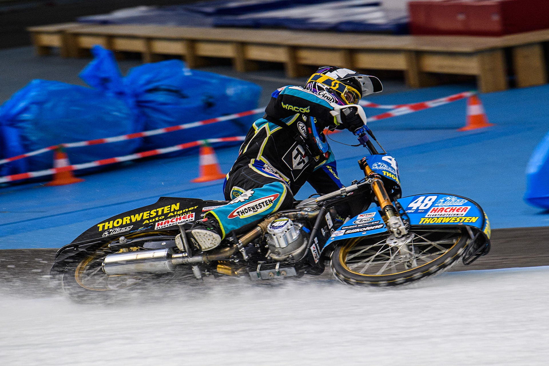 Luca Bauer (48) of Germany in action during practice for  the Ice Speedway Gladiators World Championship Finals 1 &amp; 2 at Max-Aicher-Arena, Inzell on Friday 14th March 2025. (Photo: Ian Charles | MI News)
