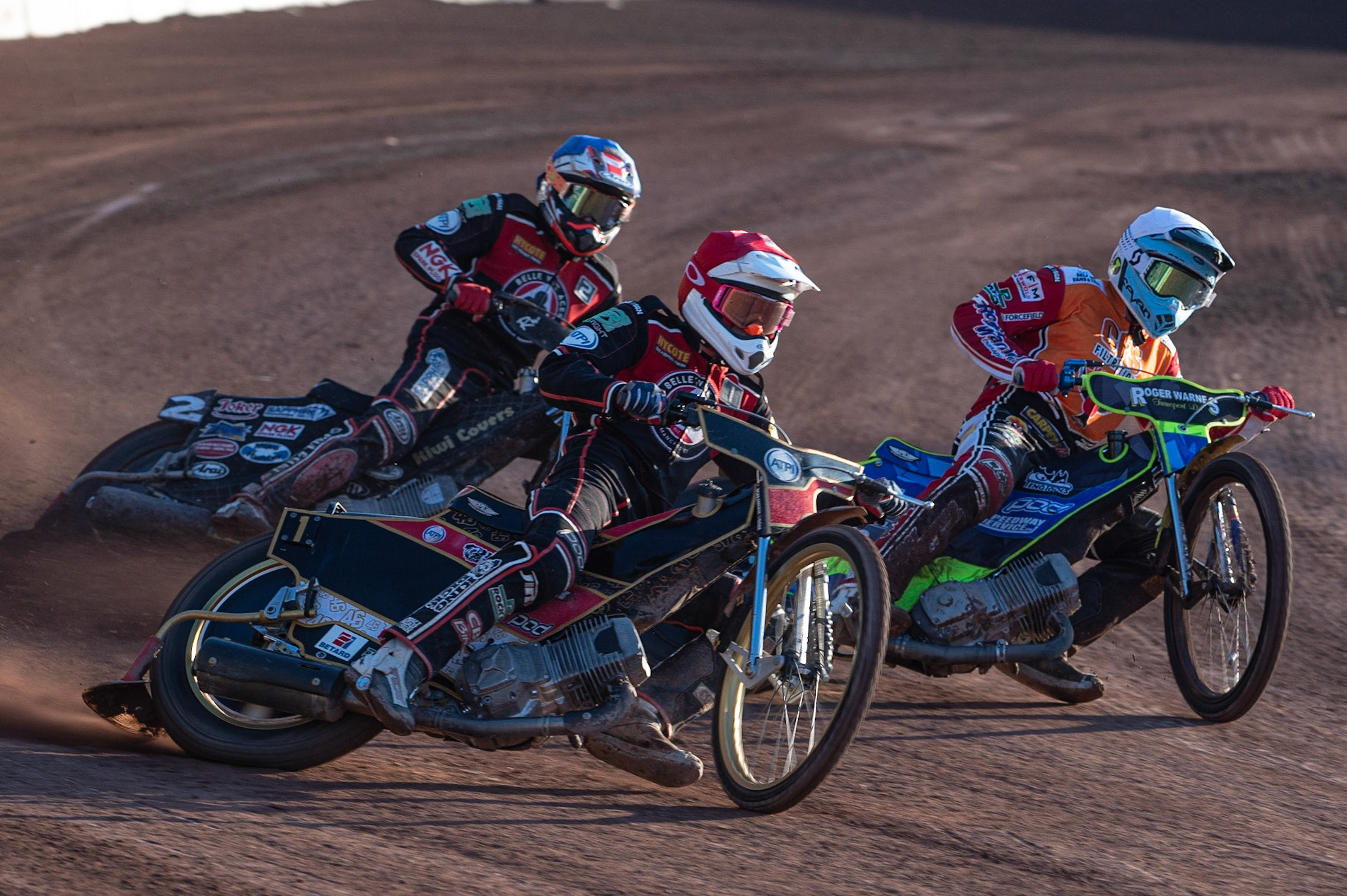 Photo: Ian Charles

Max Fricke  (Red) outside Troy Batchelor  (White) with Ricky Wells  (Blue) behind

Belle Vue Aces v Swindon Robins, British Speedway Premiership, Belle Vue National Speedway Stadium, Manchester, Monday 20  May  2019