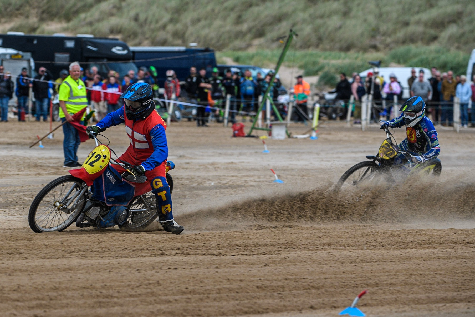 Daniel Winterton (12) leads Arran Butcher (20) during the Fylde ACU British Sand Racing Masters Championship at  St Annes on Sea, Lancashire on Sunday 30th July 2023. (Photo: Ian Charles | MI News)