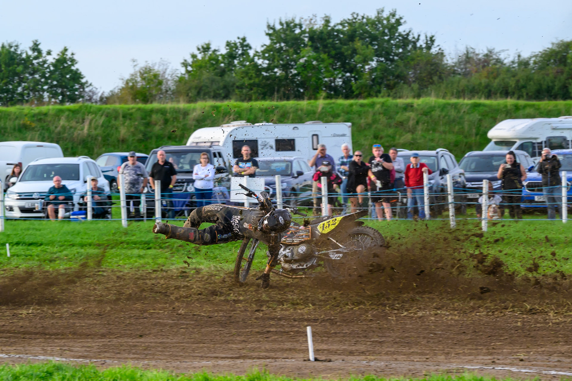 British Masters (Solos): Ashton Vale (152) catches the back wheel of Chris Harris (37)  and comes off during the British Masters Grasstrack Championship at Lower Marsh Farm, Much Hoole, Preston in Lancashire, England on Sunday 13th September 2026. (Photo: Ian Charles | MI News)