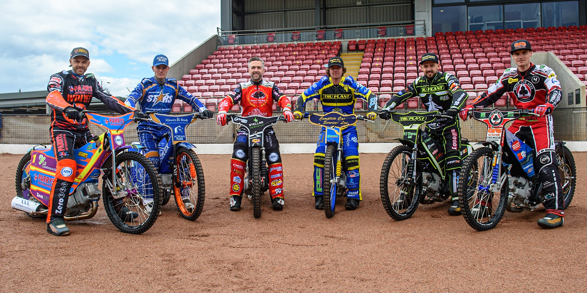 Photo: Ian CharlesThe Premier League Captains: (l-r) Rory Schlein, Lewis Kerr, Scott Nichols, Kyle Howarth, Danny King, Steve WorrallDiscovery Networks Eurosport Speedway Season Launch, National Speedway Stadium, Manchester Wednesday  12  May  2021