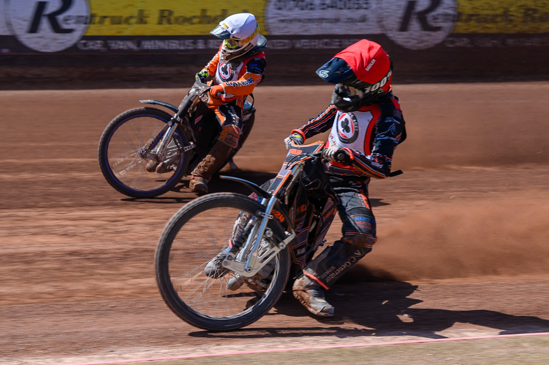 COLTS ACADEMY INDIVIDUAL EVENT Harry Sadler in Red rides inside Mark Parker in White during the JR Ashworth &amp; Sons Colts Academy Event at the National Speedway Stadium, Manchester on Sunday 19th July 2026. (Photo: Ian Charles | MI News)