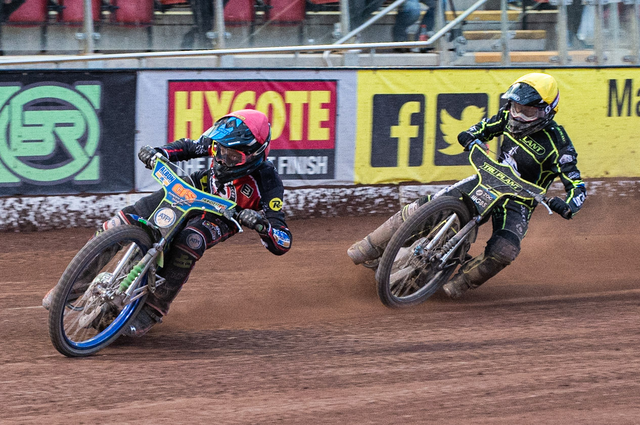 Photo: Ian Charles

Dan Bewley  (Red) leads Cameron Heeps  (Yellow)

Belle Vue Aces v Ipswich Witches, British Speedway Premiership, Belle Vue National Speedway Stadium, Manchester, Monday 3  June  2019