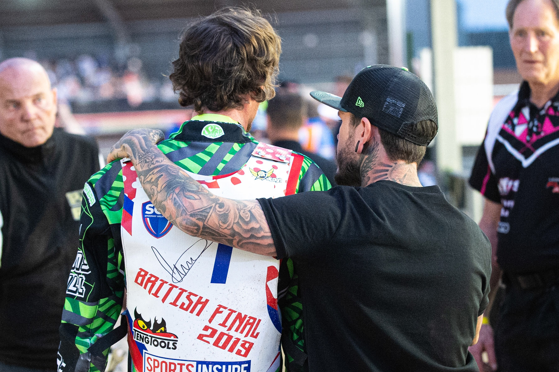 Photo: Ian Charles

Tai Woffinden (right) with Charles Wright after Wright was excluded for bringing off Paul Starke 

Sports Insure British Final,  Belle Vue National Speedway Stadium, Manchester Monday 29  July  2019