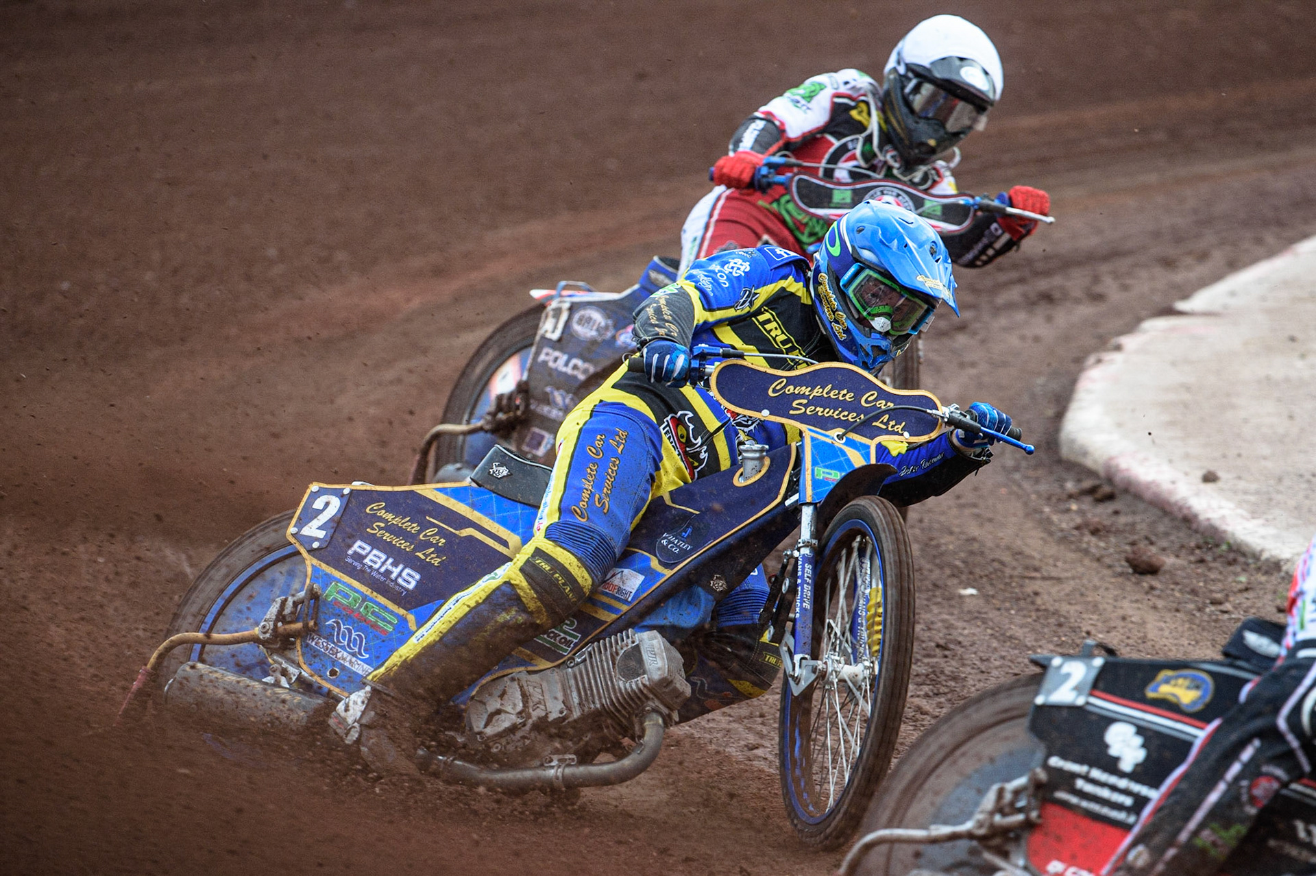 SHEFFIELD, UK. JULY 1ST     Kyle Howarth  (Blue) leads Brady Kurtz  (White) during the SGB Premiership match between Sheffield Tigers and Belle Vue Aces at Owlerton Stadium, Sheffield on Thursday 1st July 2021. (Credit: Ian Charles | MI News)