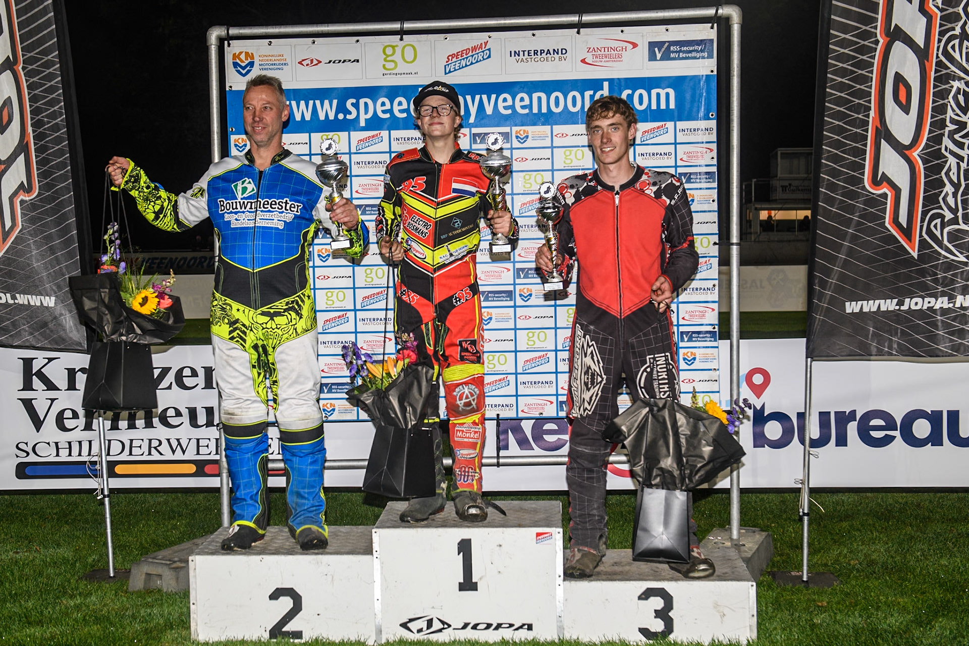 Veenoord Bokaal Top 3: (L to R)  Wiebo Boumeester (2nd), Niek Meijerink (Winner), Bjorn Boersma (3rd)during the Golden JOPA Helmet at Sportpark Veenoord, Veenoord, Netherlands on Saturday 21st September 2024. (Photo: Ian Charles | MI News)