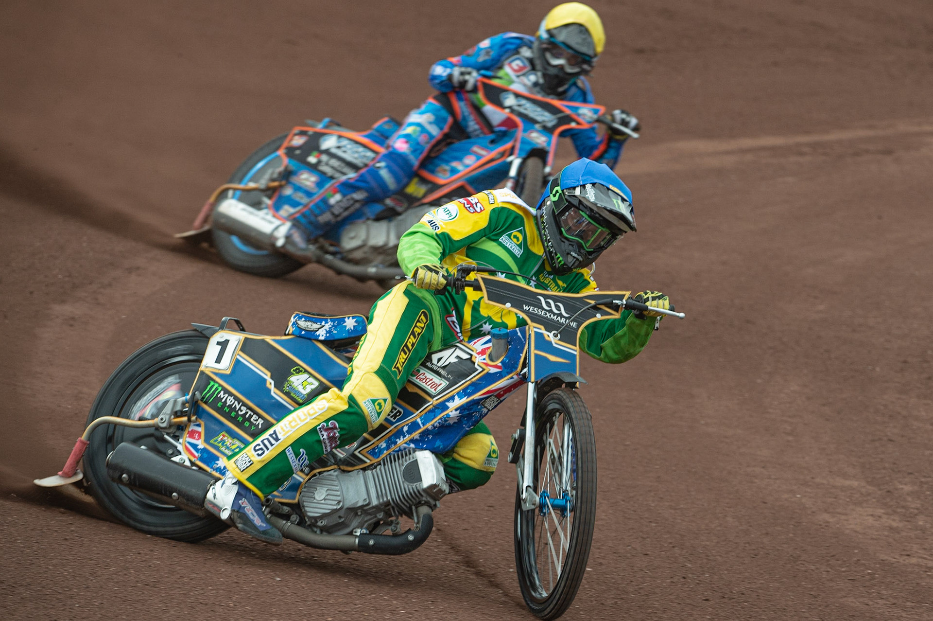 Photo by Ian Charles:

Chris Holder (Blue) leads Nico Covatti (Yellow)

FIM Speedway Grand Prix World Championship - Qualifying Round 1, Peugeot Ashfield Stadium, Glasgow, 8 June 2019