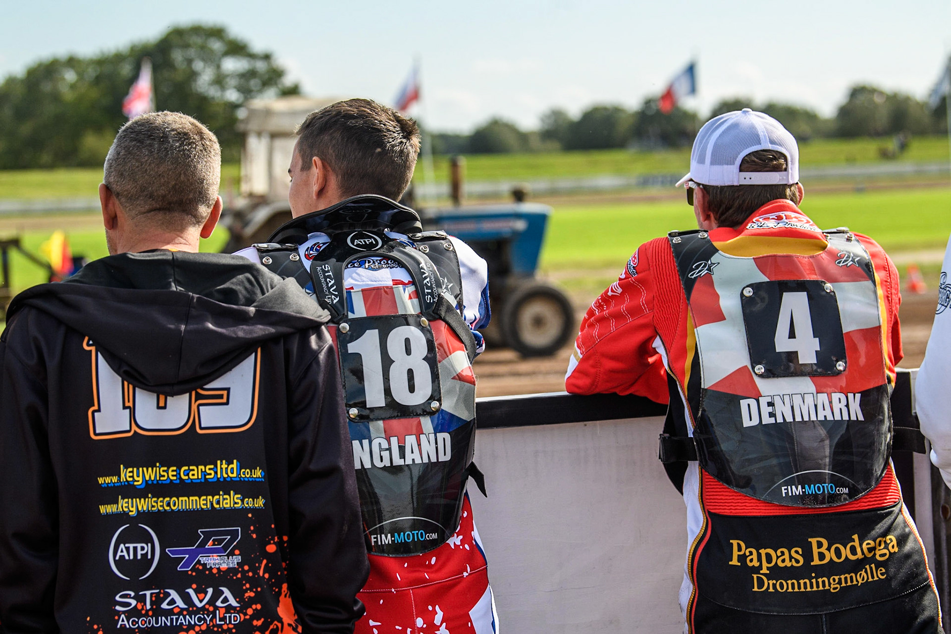 Zach Wajtknecht (Left) and Kenneth K. Hansen watch the ongoing track work during the FIM Long Track Of Nations event at the Speed Centre Roden on Sunday 24th September 2023. (Photo: Ian Charles | MI News)
