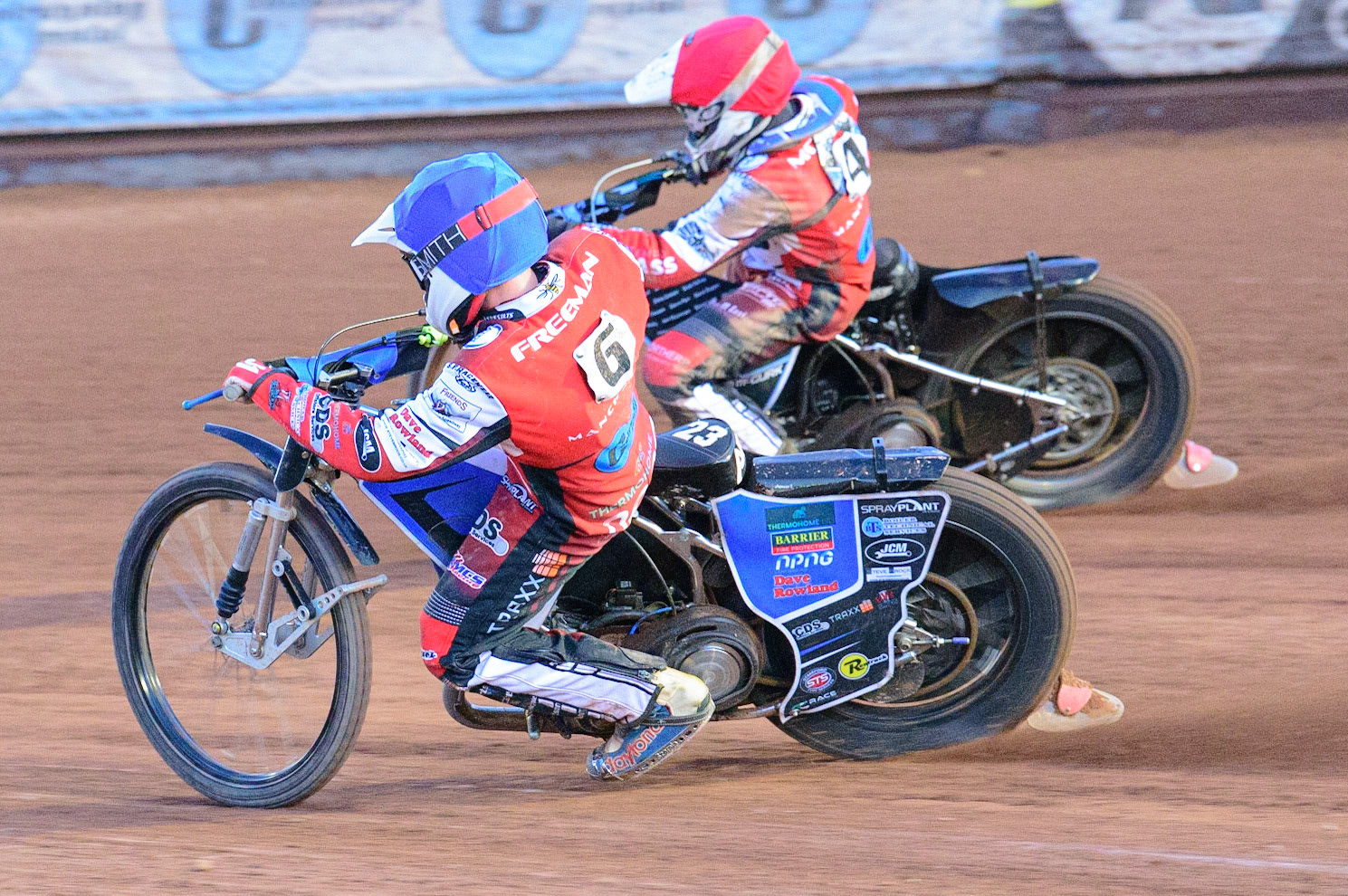 MANCHESTER, UK. MAY 27TH Archie Freeman  (Blue) inside Sam McGurk  (Red)  during the National Development League match between Belle Vue Colts and Armadale Devils at the National Speedway Stadium, Manchester on Friday 27th May 2022. (Credit: Ian Charles | MI News)