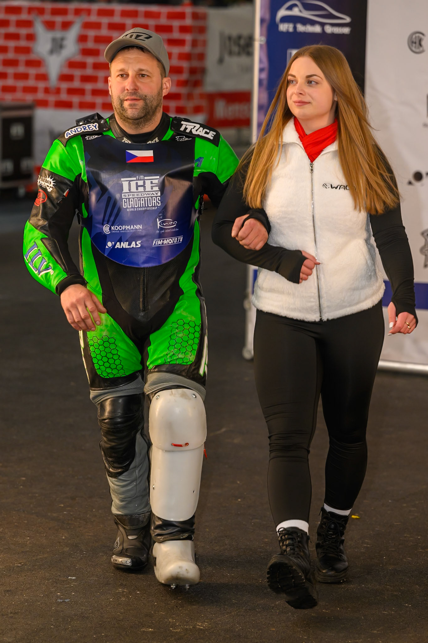 Andrej Divis (107) of Czechia is accompanied by a start girl  during the Ice Speedway Gladiators World Championship Final 2 at Max-Aicher-Arena, Inzell on Sunday 15th March 2026. (Photo: Ian Charles | MI News)