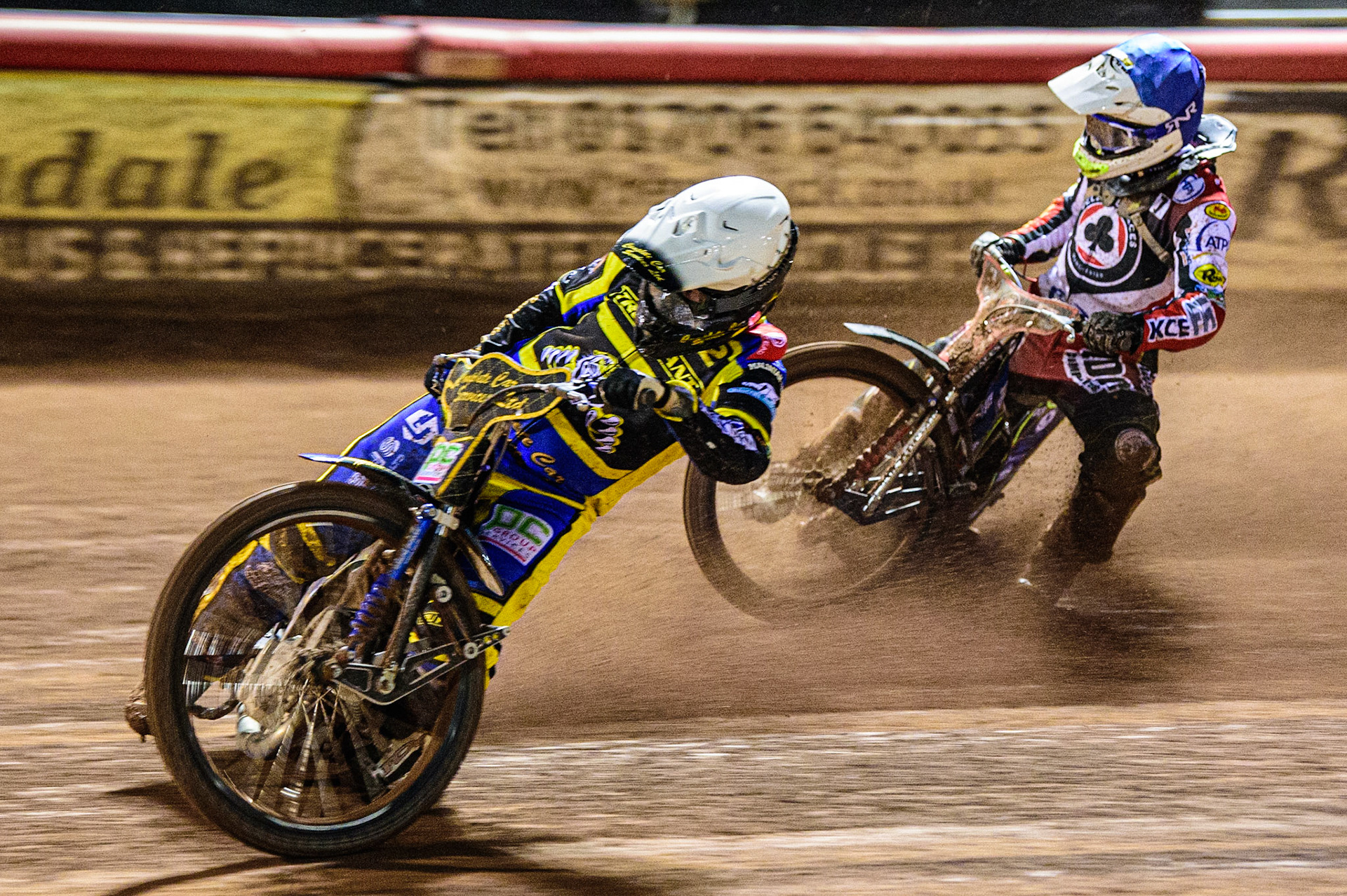 Kyle Howarth  (White) leads Jake Mulford  (Blue) during the SGB Premiership match between Belle Vue Aces and Sheffield Tigers at the National Speedway Stadium, Manchester on Monday 27th March 2023. (Photo: Ian Charles | MI News)