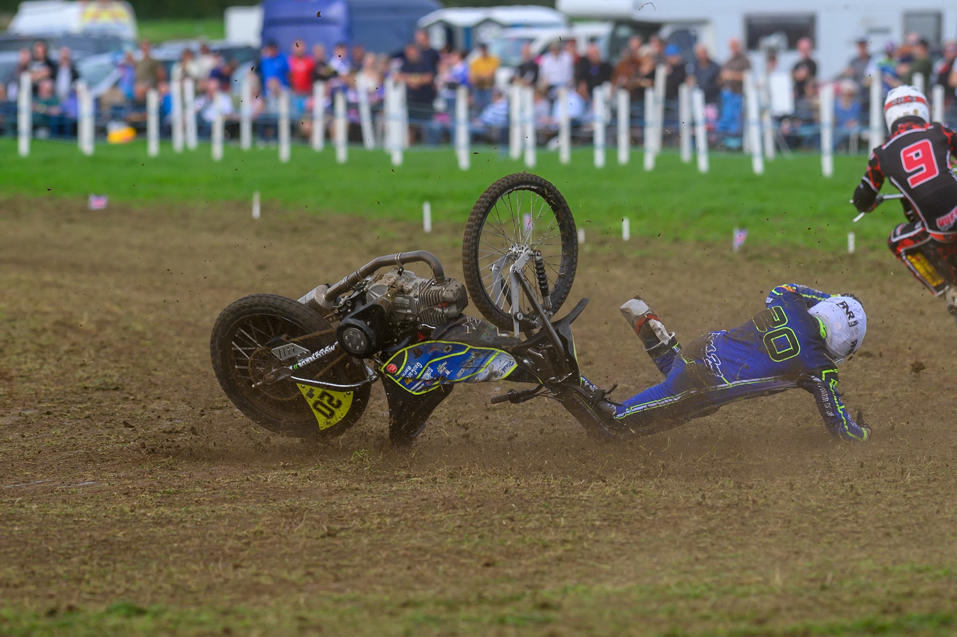 British Masters (Solos): Arran Butcher (20)  falls on the loose track during the British Masters Grasstrack Championship at Lower Marsh Farm, Much Hoole, Preston in Lancashire, England on Sunday 13th September 2026. (Photo: Ian Charles | MI News)