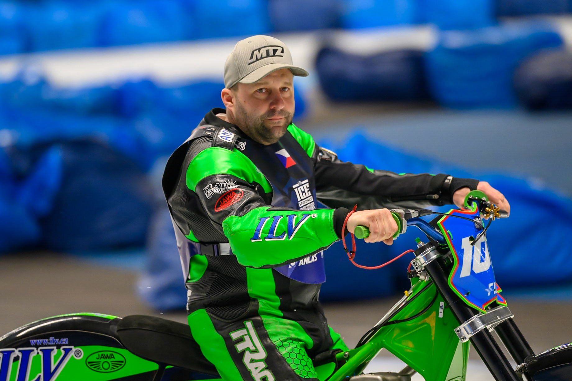 Andrej Divis (107) of Czechia  on the parade lap during the Ice Speedway Gladiators World Championship Final 1 at Max-Aicher-Arena, Inzell on Saturday 14th March 2026. (Photo: Ian Charles | MI News)