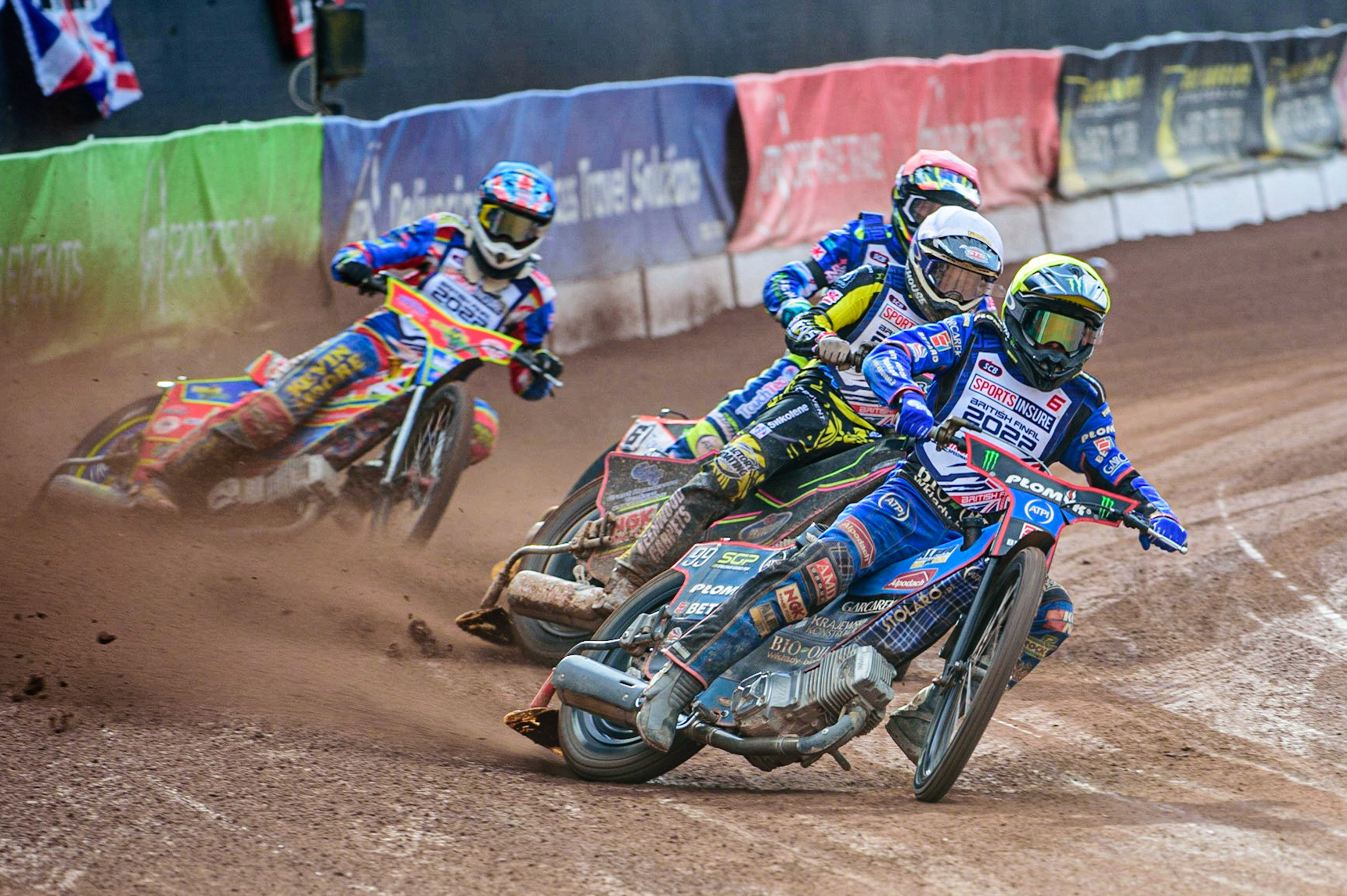 Dan Bewley  (Yellow) leads Leon Flint  (White), Scott Nicholls  (Red) and Simon Lambert (Blue) during the Sports Insure British Speedway Final, at the National Speedway Stadium, Manchester, on Sunday 18th September 2022. (Credit: Ian Charles | MI News )