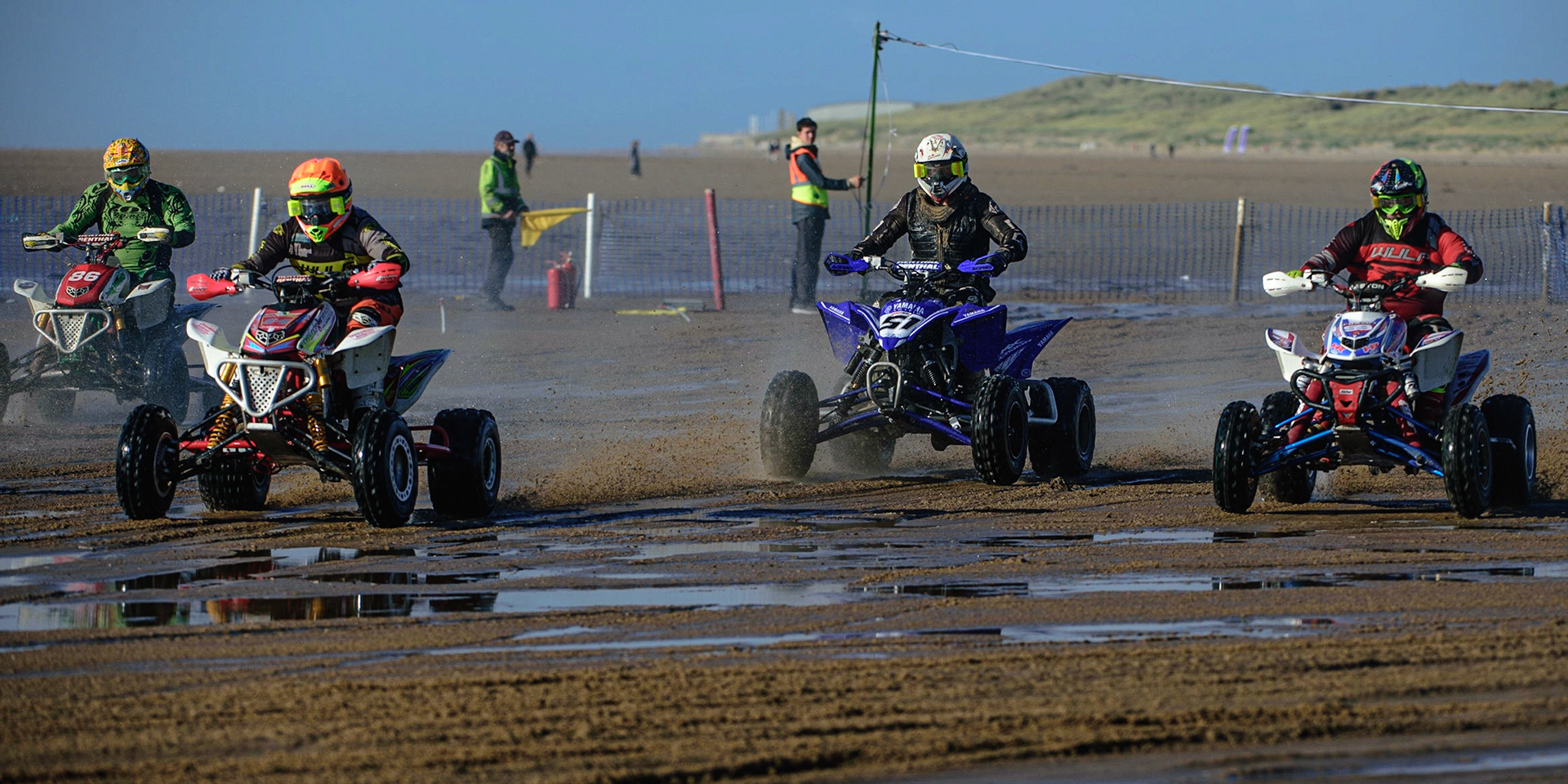 Steve Irwin (84) leads Andy Watson (86), Lance Hoadley (51) and Davey Nixon (99) during the Fylde ACU British Sand Racing Masters Championship on  Sunday 2nd October 2022. (Credit: Ian Charles | MI News)