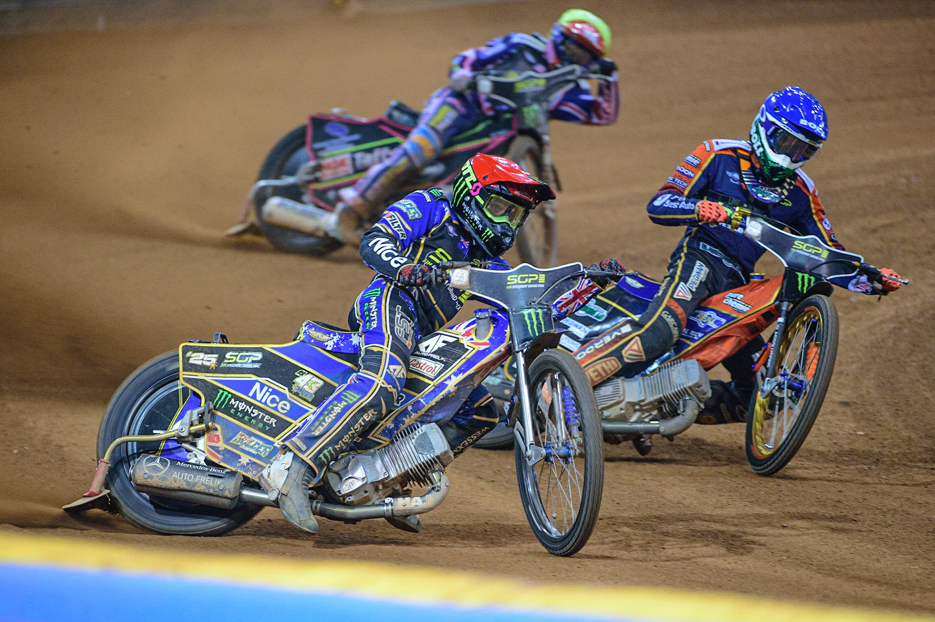Jack Holder (25) (Red) leads Mikkel Michelsen (155) (Blue) and Leon Flat (18) (Yellow) during the FIM  Speedway Grand Prix of Great Britain at the Principality Stadium, Cardiff on Saturday 13th August 2022. (Credit: Ian Charles | MI News