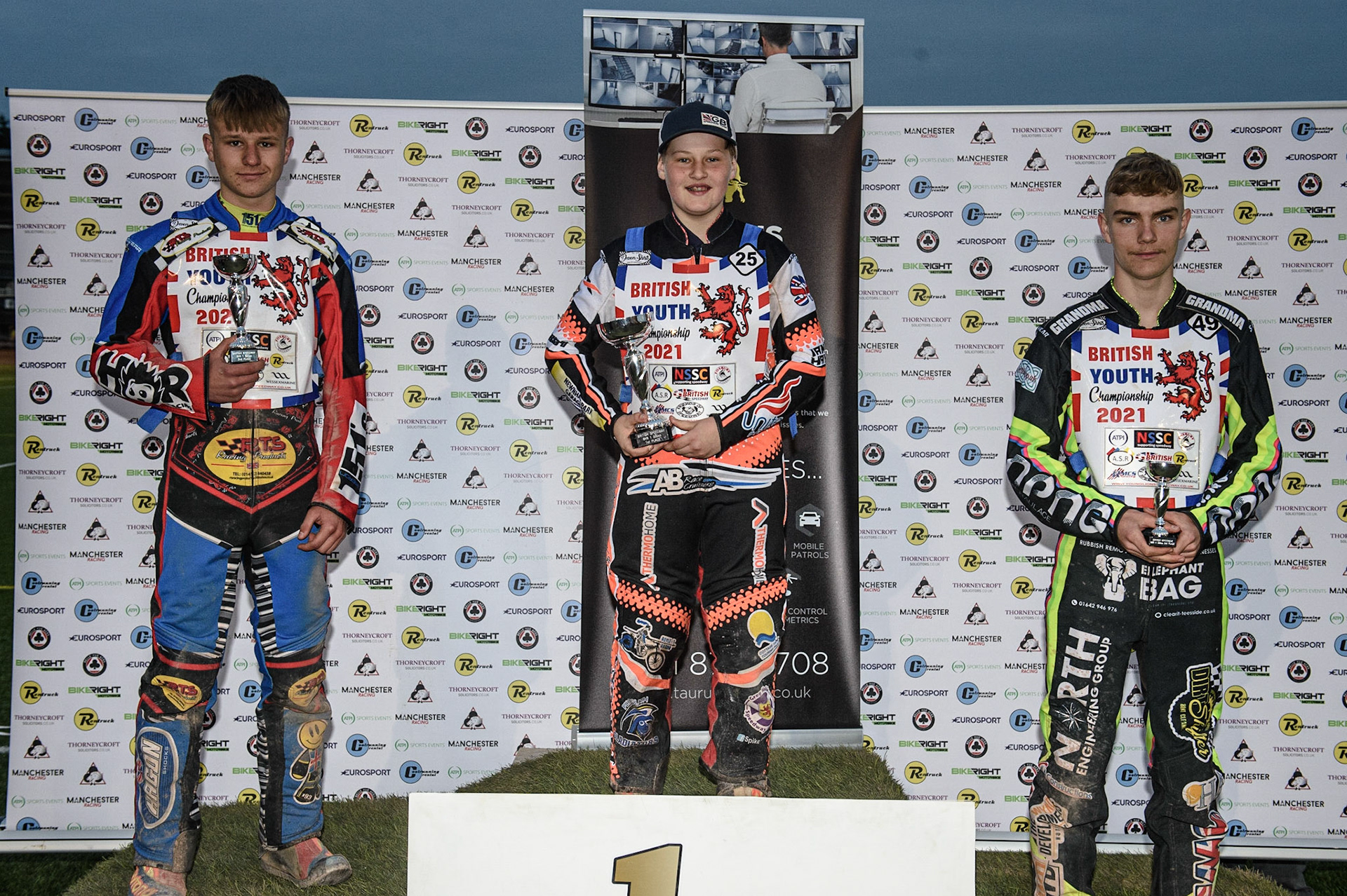 MANCHESTER, UK. MAY 28TH  500cc Top 3: (l-r) Cameron Taylor  (2nd), Ben Trigger  (1st) and Alex Goldsborough (£rd) during the SGB National Development League match between Belle Vue Colts and Berwick Bullets at the National Speedway Stadium, Manchester on Friday 28th May 2021. (Credit: Ian Charles | MI News)