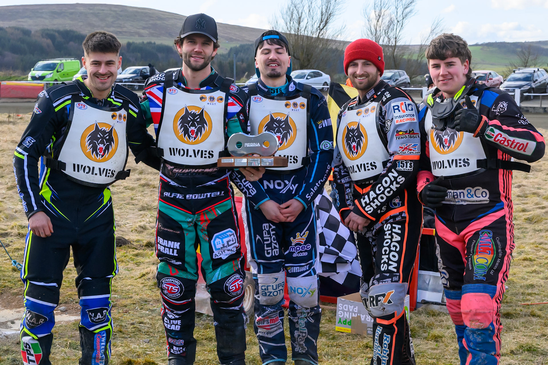 The Regina Chains Fours winners: The Wolves. (L to R) Kieran Douglas, Alfie Bowtell, Ryan Ashcroft, Jack Kingston, Will Boraston  during the Regina Chains Fours at Buxton Speedway, Buxton on Sunday 5th April 2026. (Photo: Ian Charles | MI News)