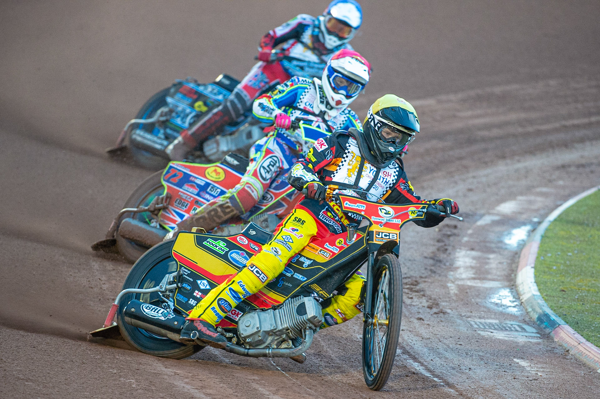 Photo: Ian CharlesDan Thompson (Yellow) leads Jake Mulford (Red) and Harry McGurk (Blue)  (500cc A Class)British Youth Speedway Championship (Round 5), National Speedway Stadium, Manchester Saturday  10  October  2020